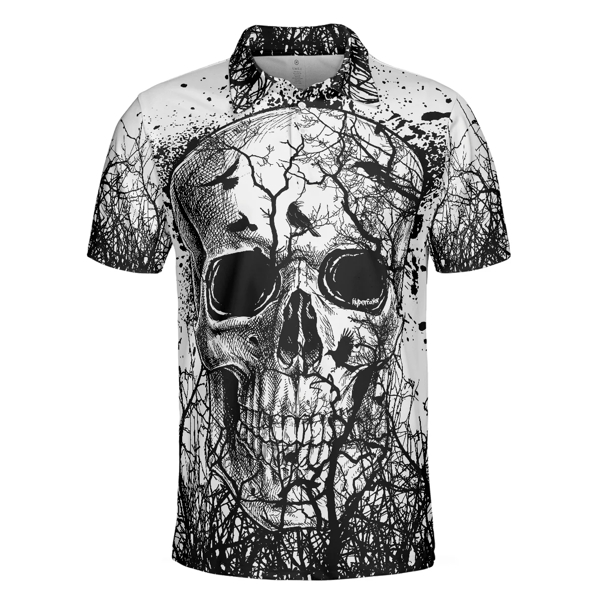 Skull Crow Black And White Short Sleeve Polo Shirt, Dark Forest Skull Crow Shirt For Men, Best Polo Shirt For Halloween - Perfect Gift For Men - Image 3