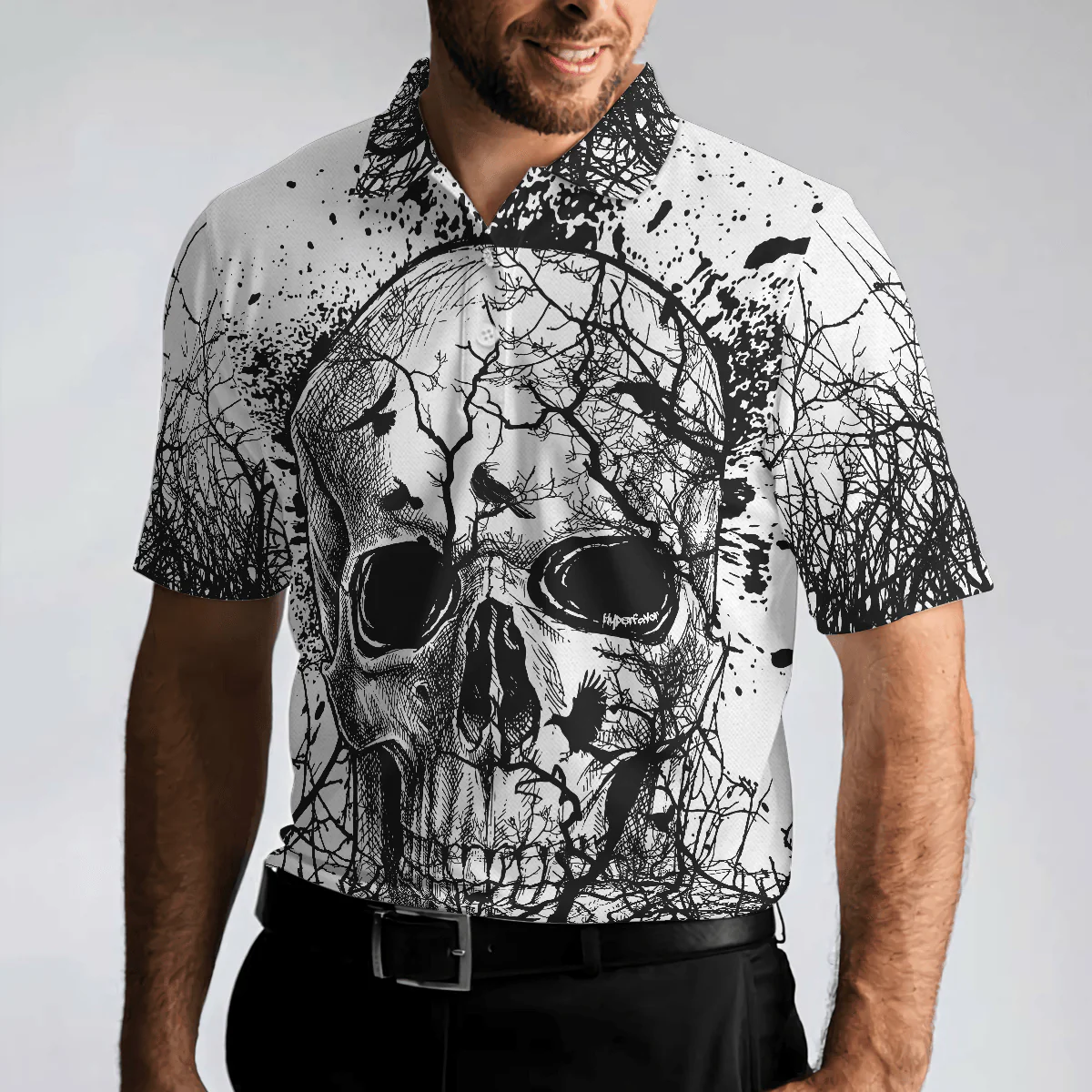 Skull Crow Black And White Short Sleeve Polo Shirt, Dark Forest Skull Crow Shirt For Men, Best Polo Shirt For Halloween - Perfect Gift For Men - Image 4
