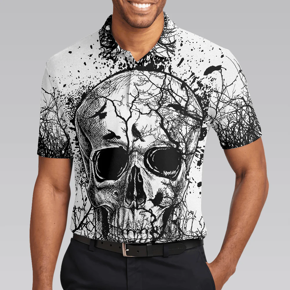Skull Crow Black And White Short Sleeve Polo Shirt, Dark Forest Skull Crow Shirt For Men, Best Polo Shirt For Halloween - Perfect Gift For Men - Image 5