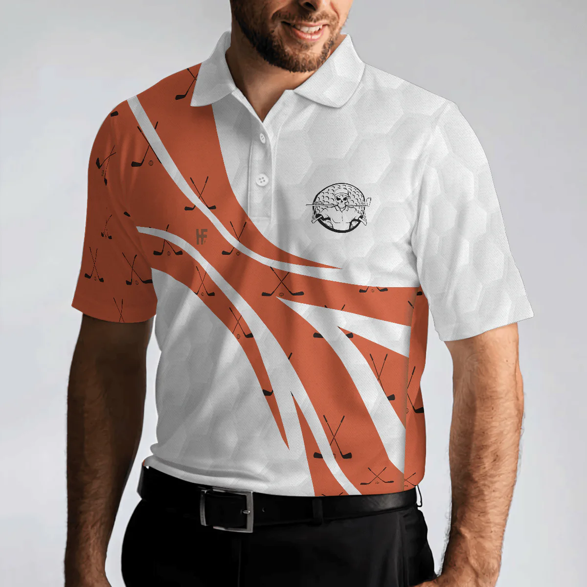 Skull Golfer Seamless Pattern Golf Polo Shirt, White And Orange Golf Shirt For Men, Cool Gift For Golfers - Perfect Gift For Men - Image 4