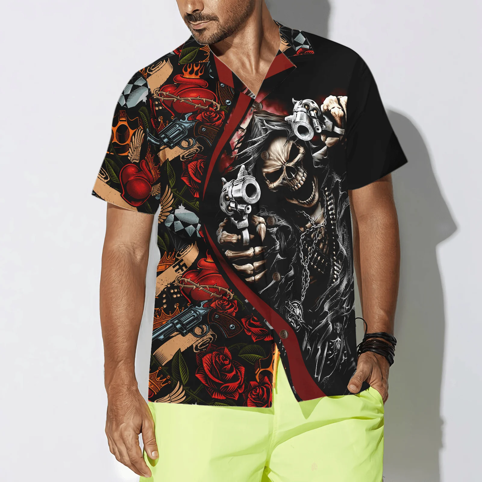 Skull Hawaiian Shirt, Cool Gun Skull Aloha Hawaiian Shirt, Colorful Summer Aloha Shirt For Men Women, Gift For Friend, Family, Husband, Wife - Image 4