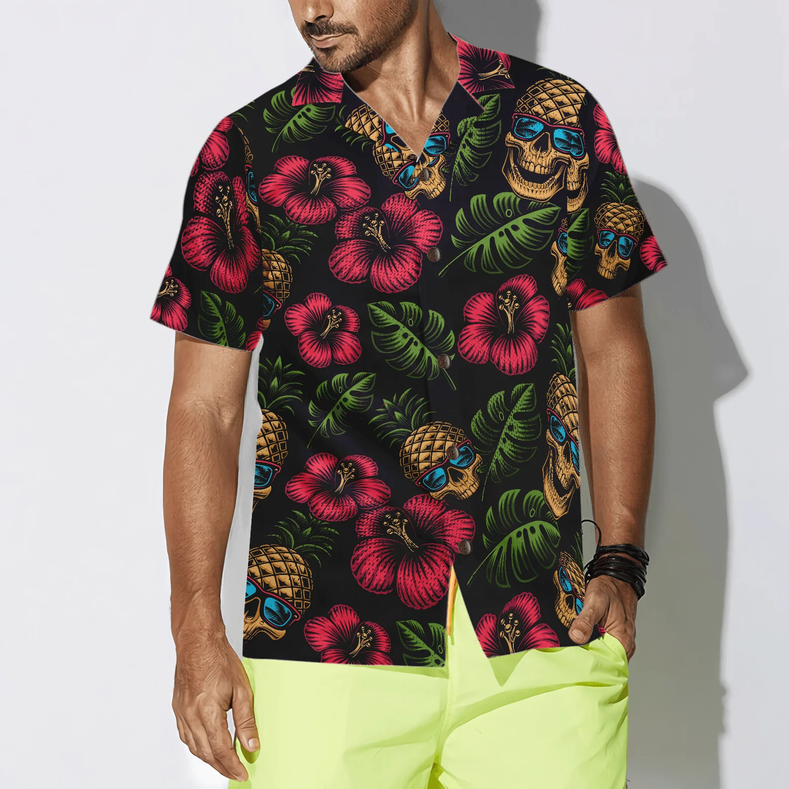 Skull Hawaiian Shirt, Pineapple Skull Tropical Flowers Black Hawaiian Shirt For Men Women, Gift For Husband, Wife, Friend, Family - Image 2