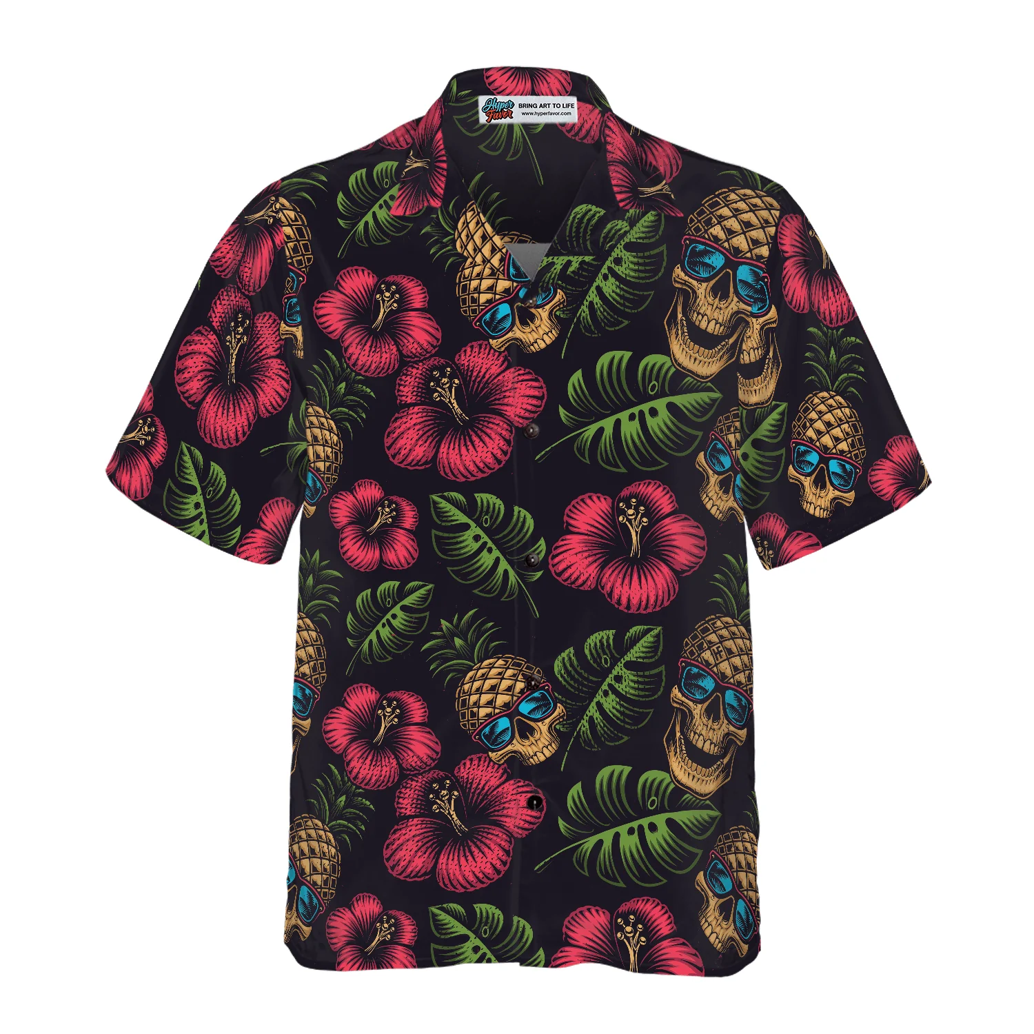 Skull Hawaiian Shirt, Pineapple Skull Tropical Flowers Black Hawaiian Shirt For Men Women, Gift For Husband, Wife, Friend, Family - Image 3