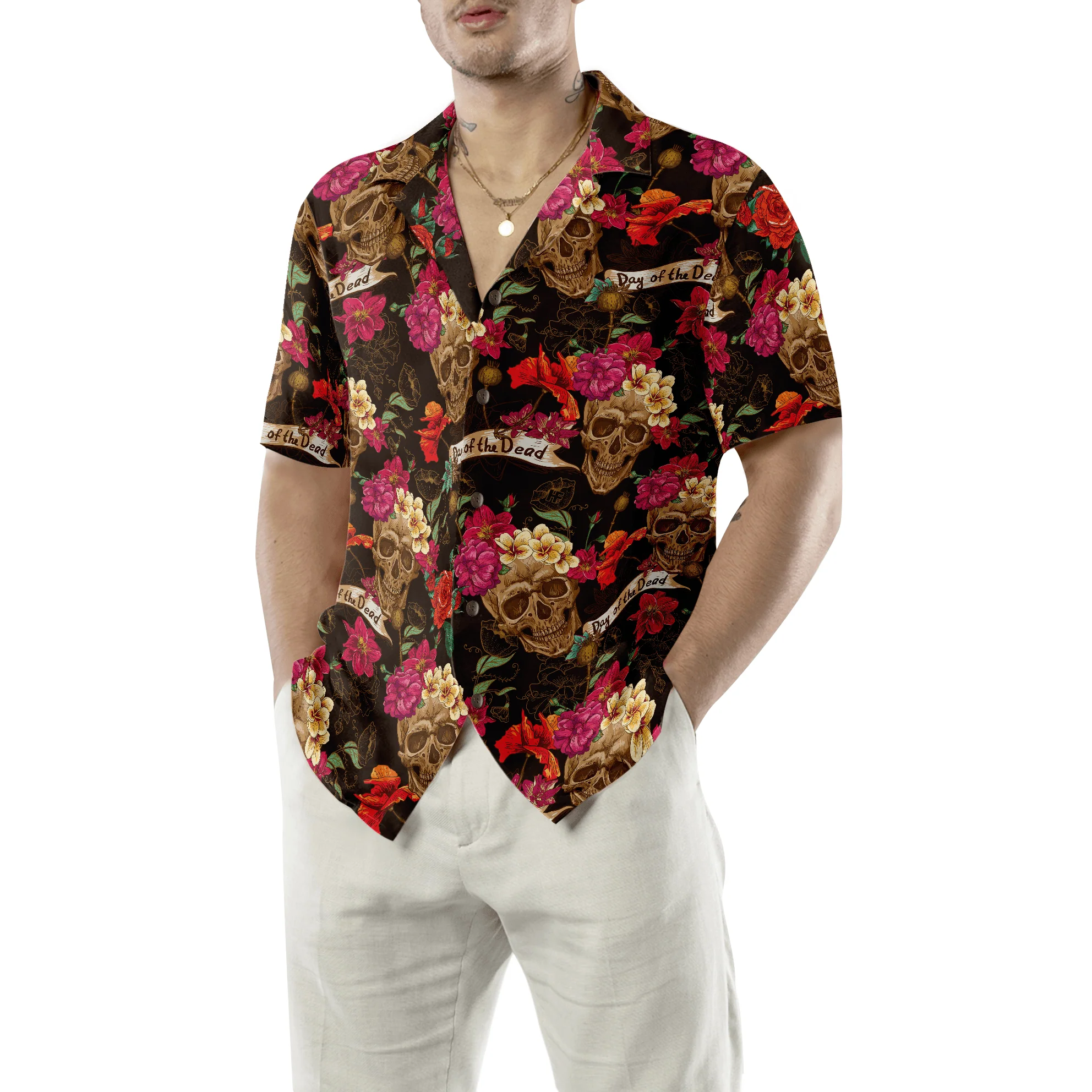 Skull Hawaiian Shirt, Skull And Flowers Day Of Dead Hawaiian Shirt, Colorful Summer Aloha Shirt For Men Women, Gift For Friend, Family, Husband, Wife - Image 5