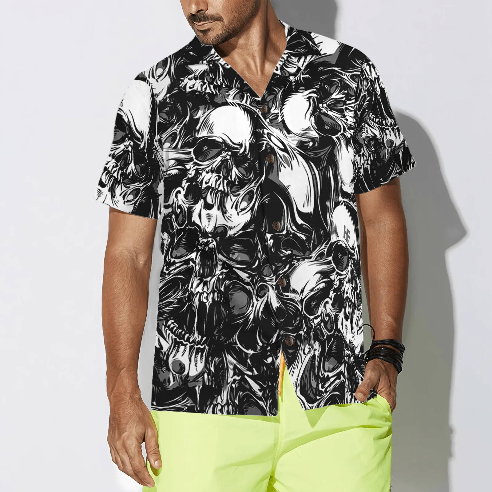Skull Hawaiian Shirt, Skull Pattern Black White Hawaiian Shirt, Colorful Summer Aloha Shirt For Men Women, Perfect Gift For Friend, Team, Family - Image 3