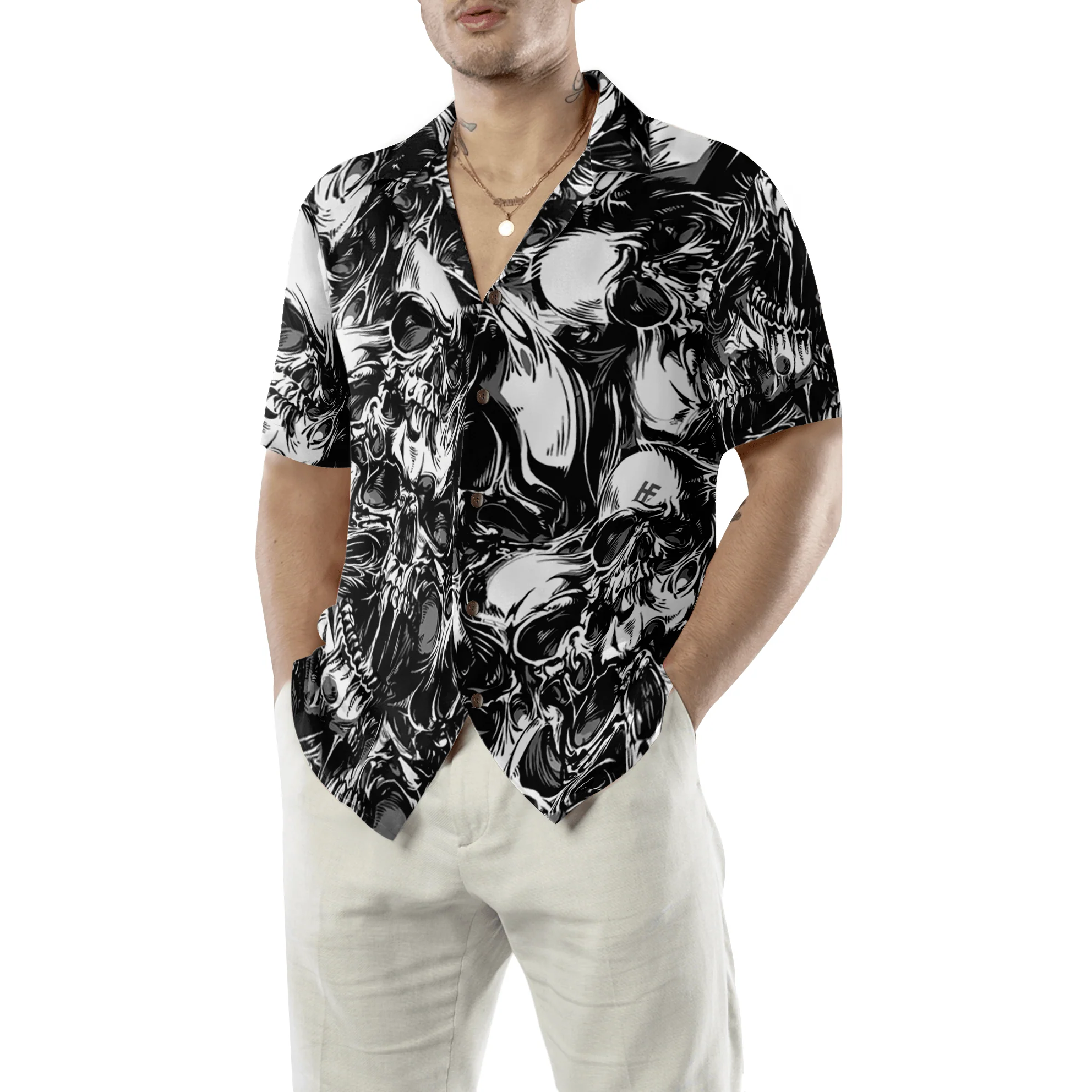 Skull Hawaiian Shirt, Skull Pattern Black White Hawaiian Shirt, Colorful Summer Aloha Shirt For Men Women, Perfect Gift For Friend, Team, Family - Image 5