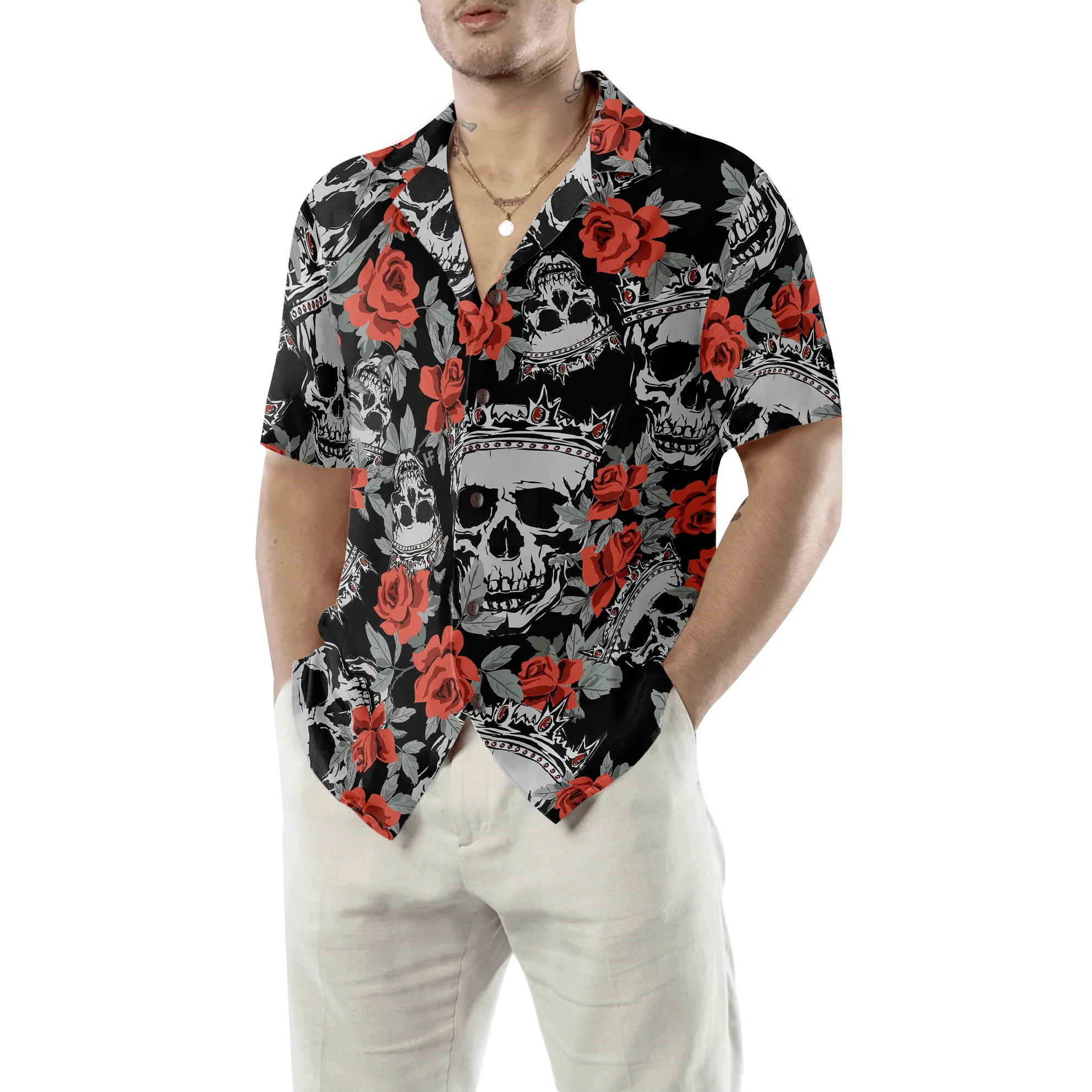 Skull Hawaiian Shirt, Skull With Crown And Red Rose Hawaiian Shirt, Colorful Summer Aloha Shirt For Men Women, Gift For Friend, Family, Husband, Wife - Image 4