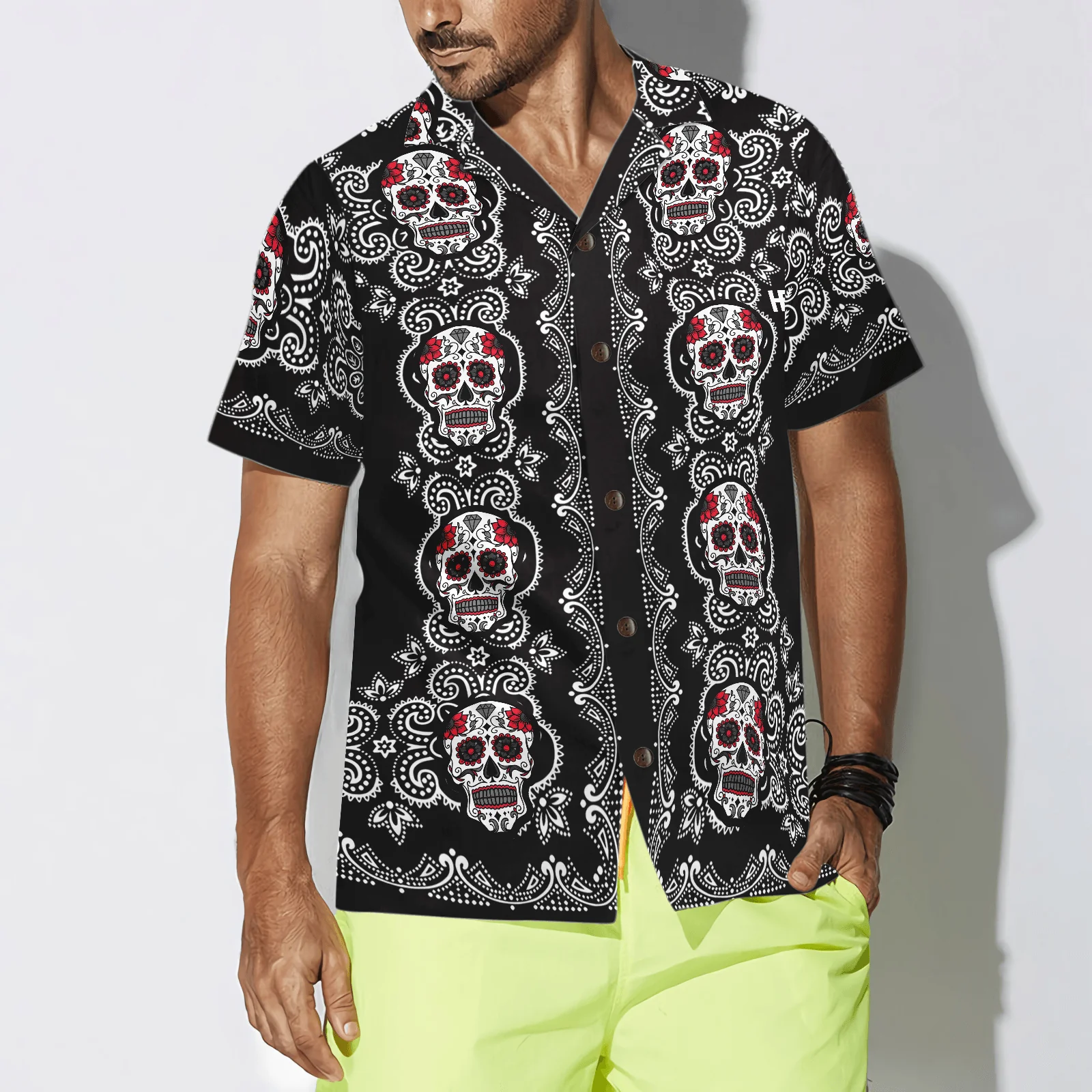 Skull Hawaiian Shirt - Sugar Skull Calavera Pattern Hawaiian Shirt, Colorful Summer Aloha Shirt For Men Women, Gift For Friend, Family, Husband, Wife - Image 3