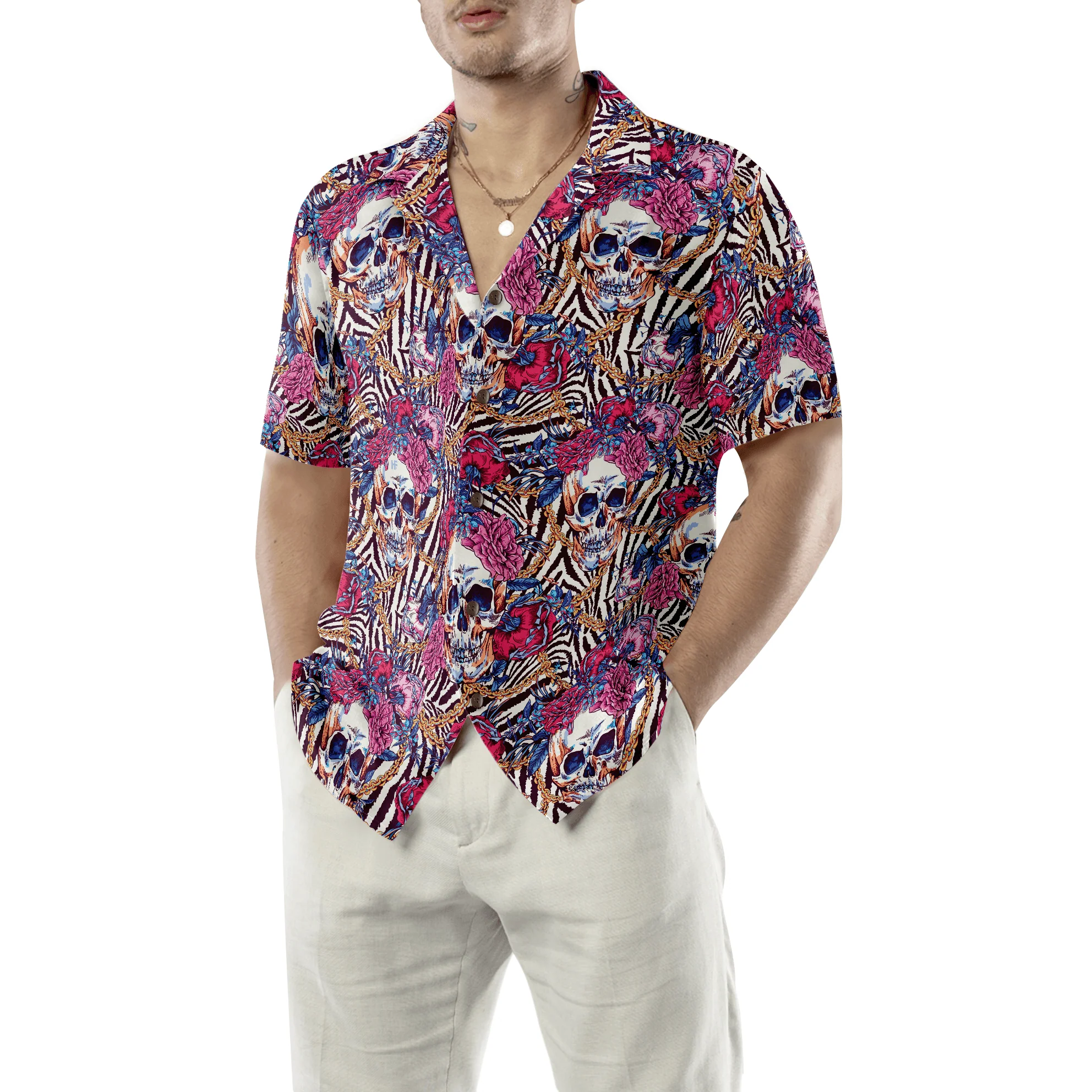 Skull With Roses On Zebra Background Aloha Hawaiian Shirt For Summer, Colorful Shirt For Men Women, Perfect Gift For Friend, Team, Family - Image 5