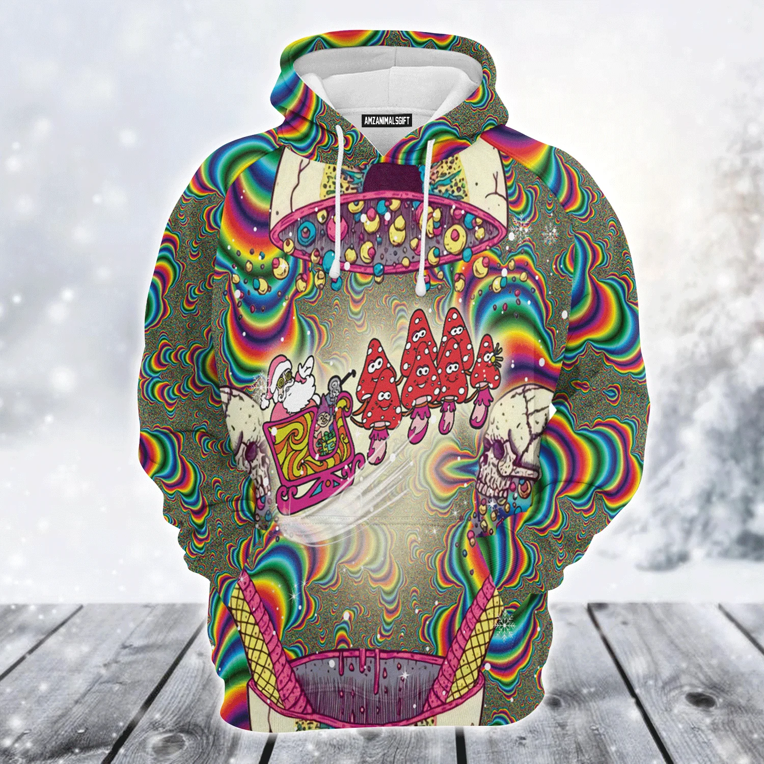 Skull Xmas Premium Christmas Hoodie, Santa And Mushroom Sled Unisex Hoodie For Men & Women - Perfect Gift For Christmas, Mushroom Lovers - Image 2