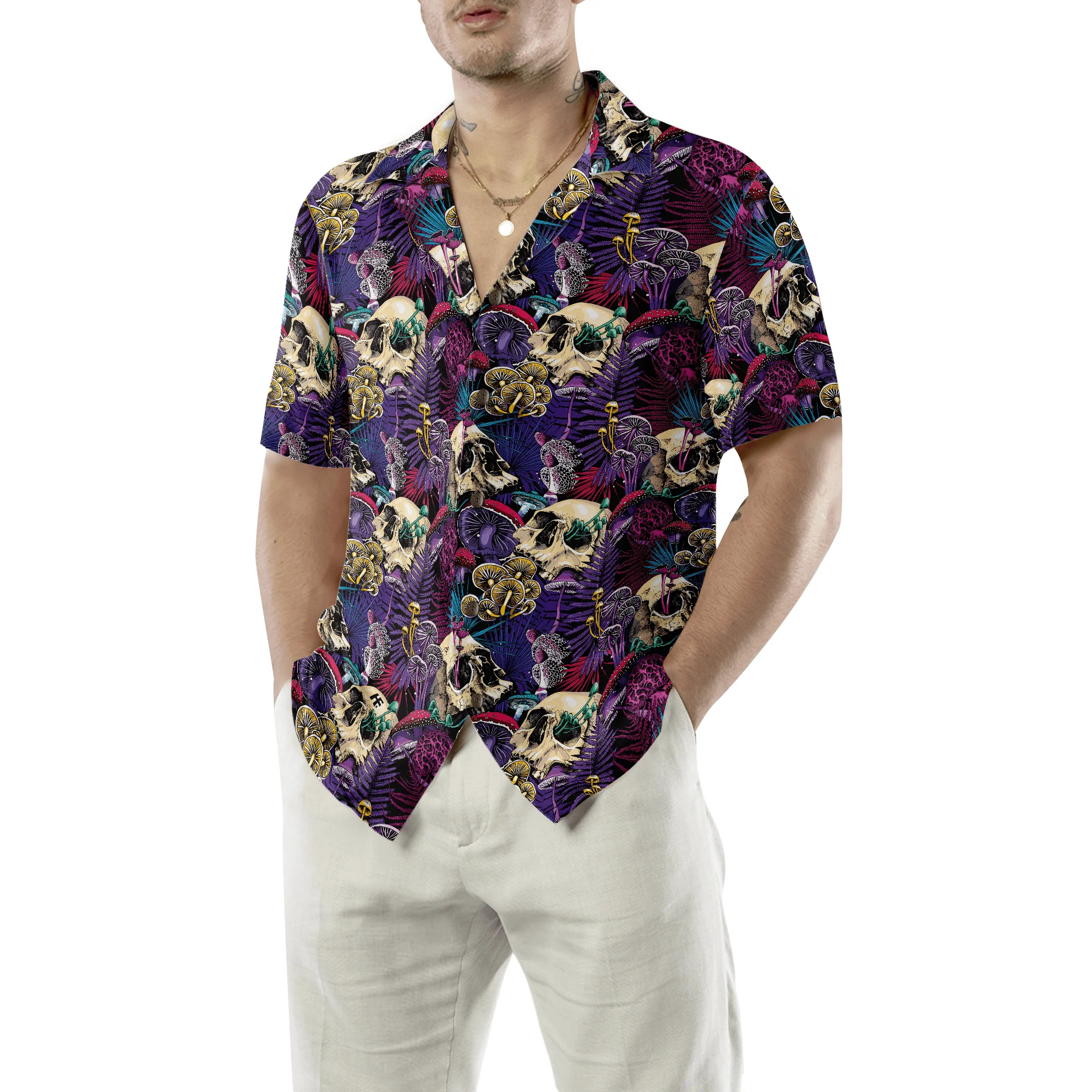 Skulls Hawaiian Shirt, Bright Magic Psychedelic Mushrooms And Skulls Hawaiian Shirt, Colorful Summer Aloha Shirt For Men Women, Gift For Friend, Family - Image 5