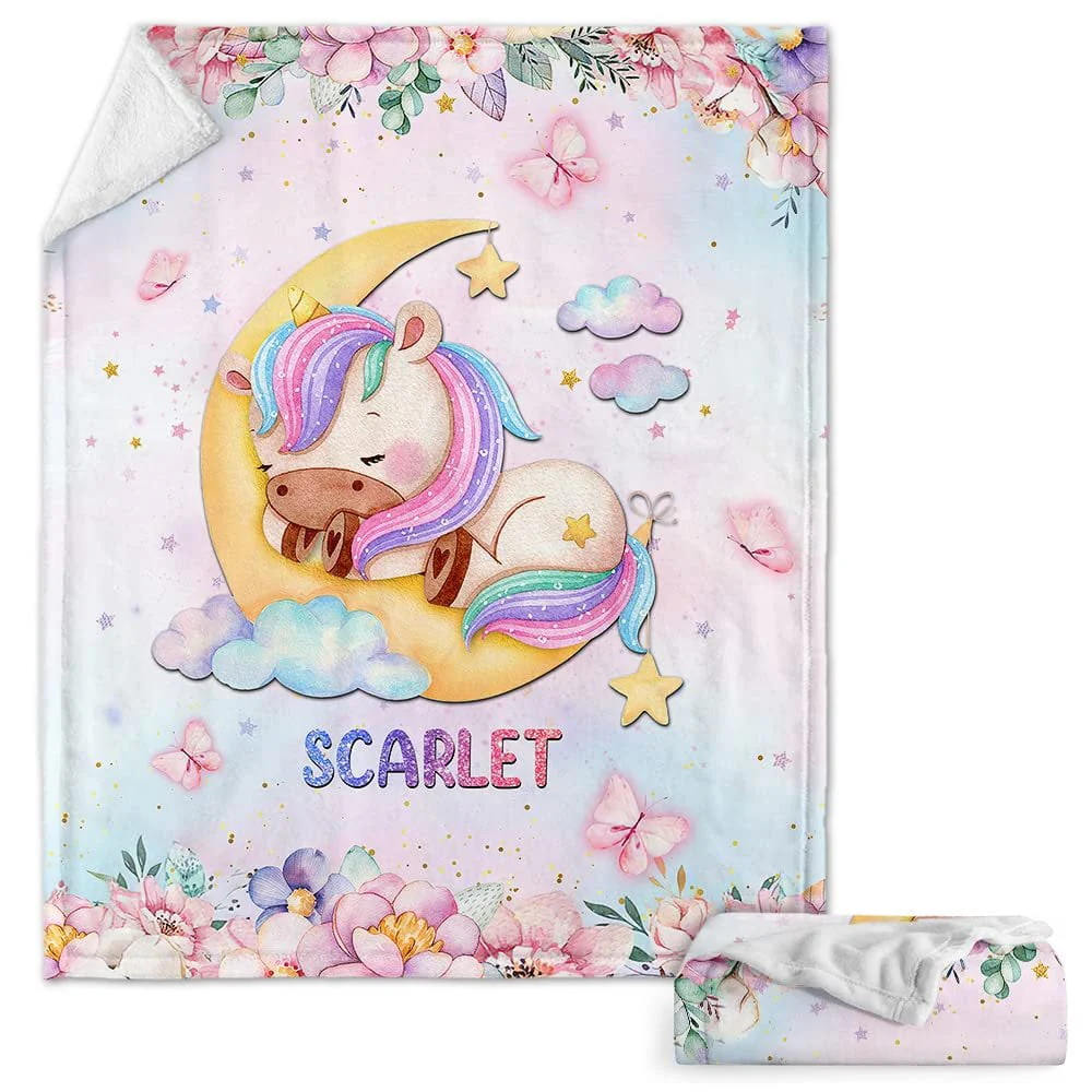 Sleeping Unicorn On Moon Baby Kids Blanket With Custom Name For Baby Girl Nursery, Daughter, Granddaughter