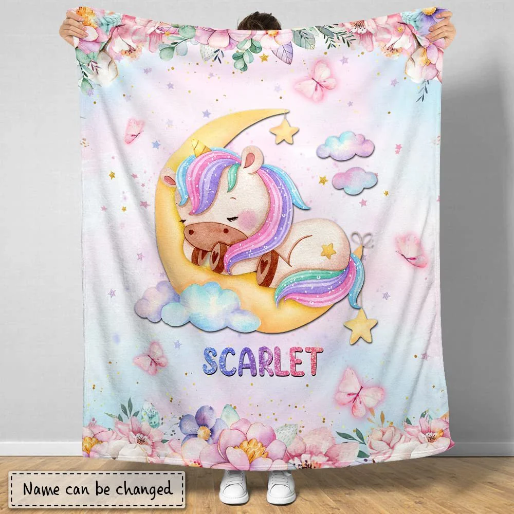 Sleeping Unicorn On Moon Baby Kids Blanket With Custom Name For Baby Girl Nursery, Daughter, Granddaughter - Image 2