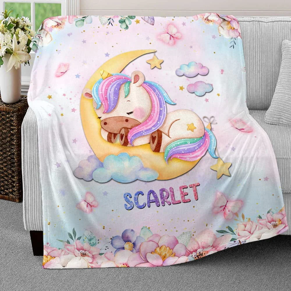 Sleeping Unicorn On Moon Baby Kids Blanket With Custom Name For Baby Girl Nursery, Daughter, Granddaughter - Image 3
