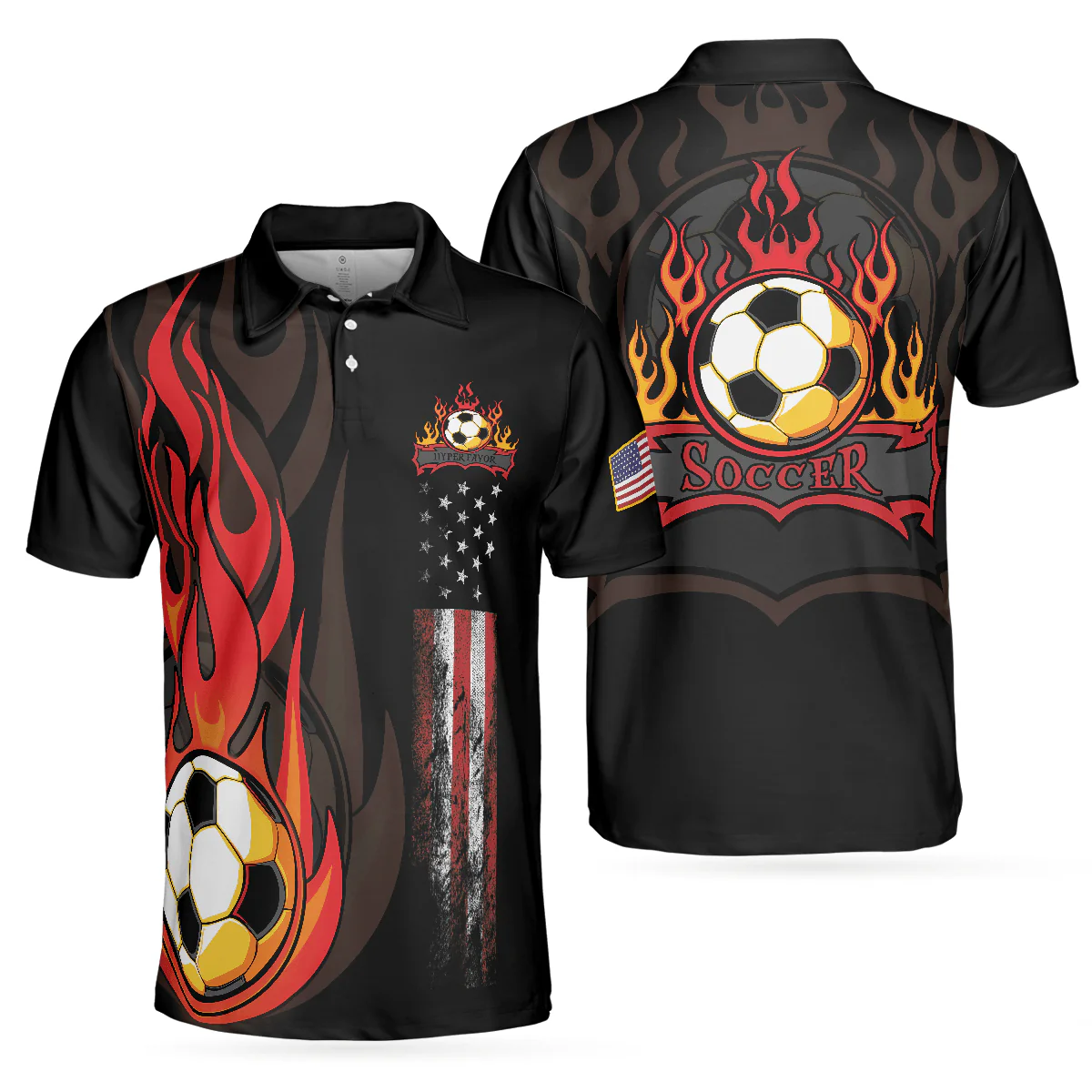 Soccer Flame Men Black Polo Shirt, Black American Flag Polo Shirt, Best Soccer Shirt For Men - Perfect Gift For Men, Soccer Lovers
