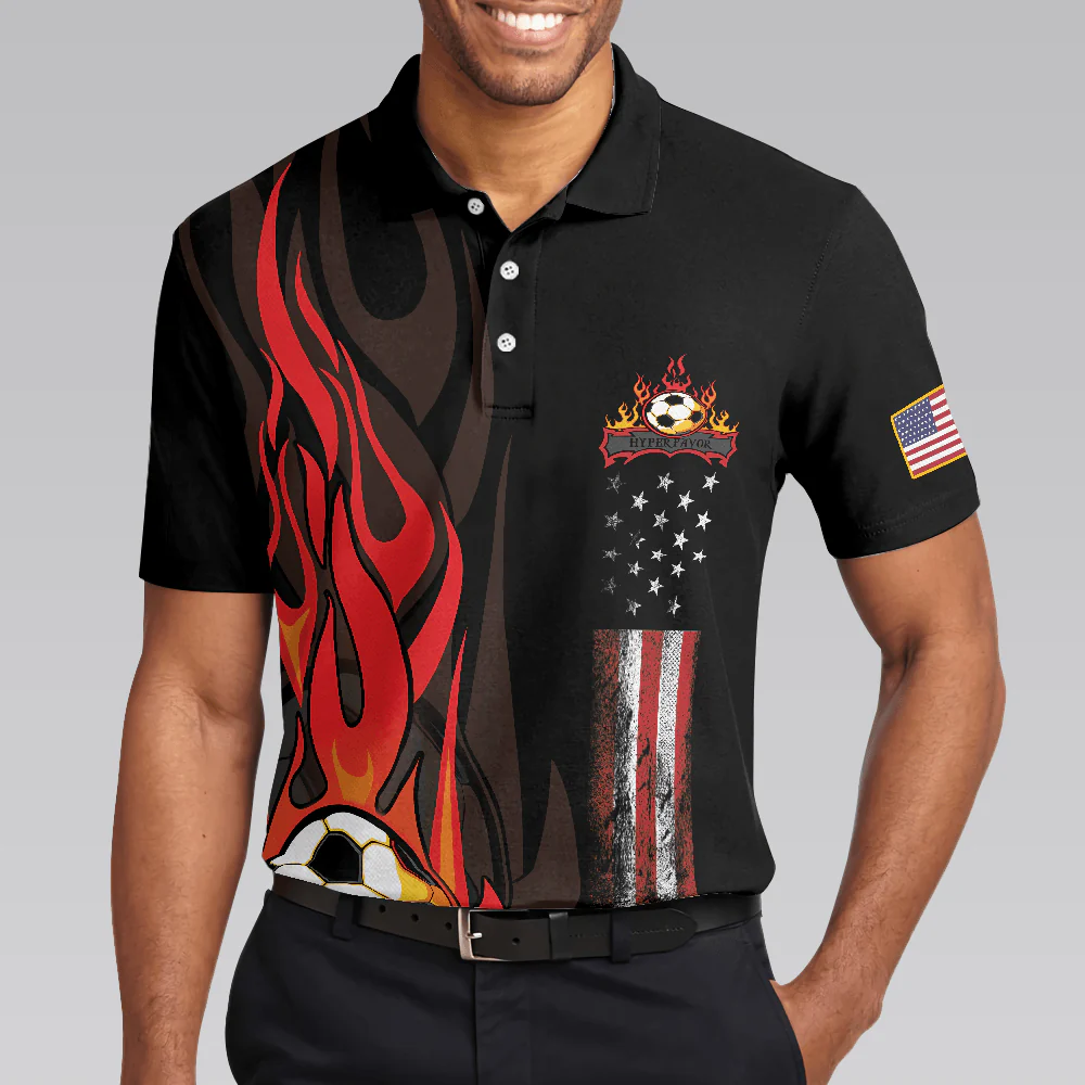 Soccer Flame Men Black Polo Shirt, Black American Flag Polo Shirt, Best Soccer Shirt For Men - Perfect Gift For Men, Soccer Lovers - Image 5