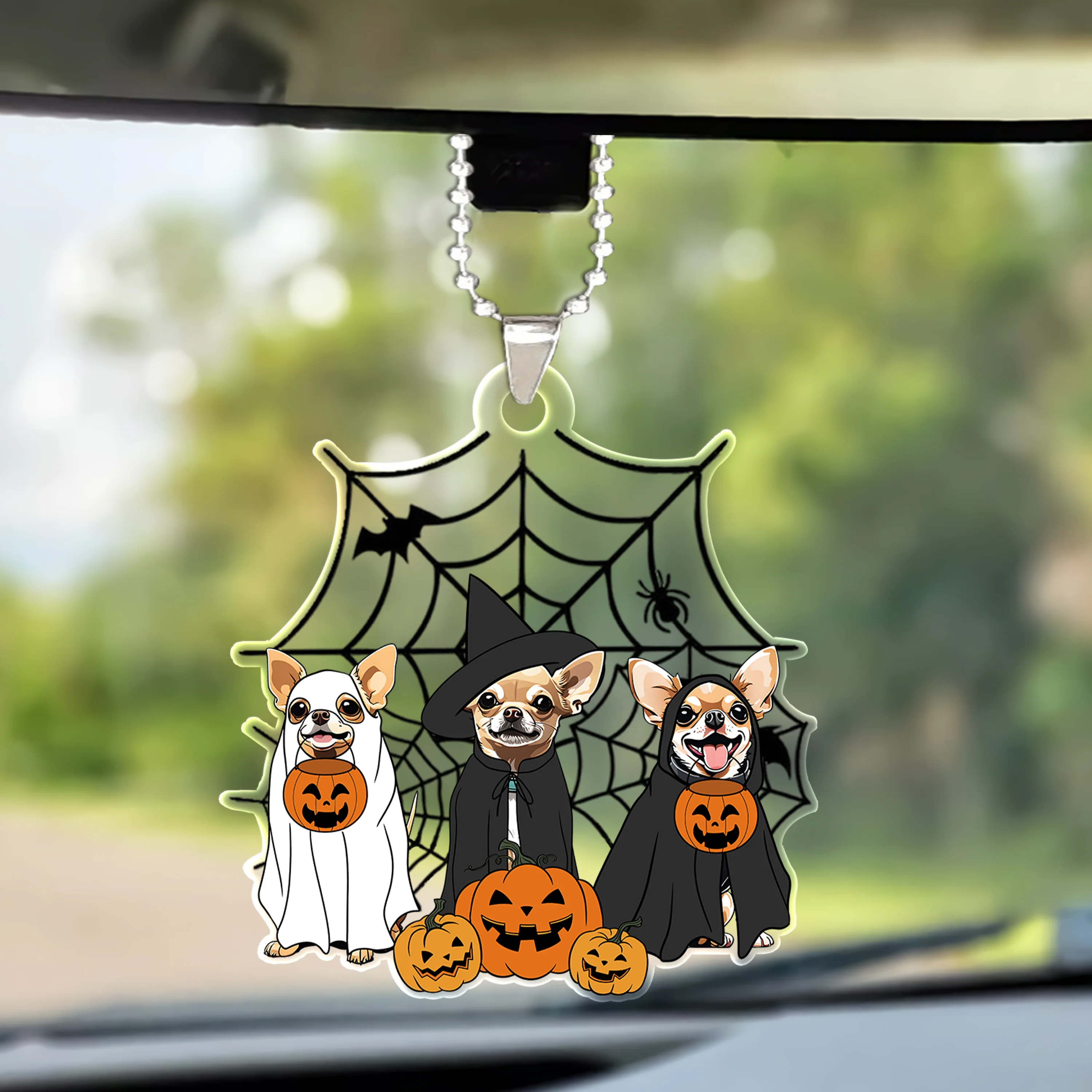 Spooky Ghost And Witch Chihuahua Dog Acrylic Halloween Car Ornament, Spooky Decoration For Boxer Mom, Dog Dad - Image 2
