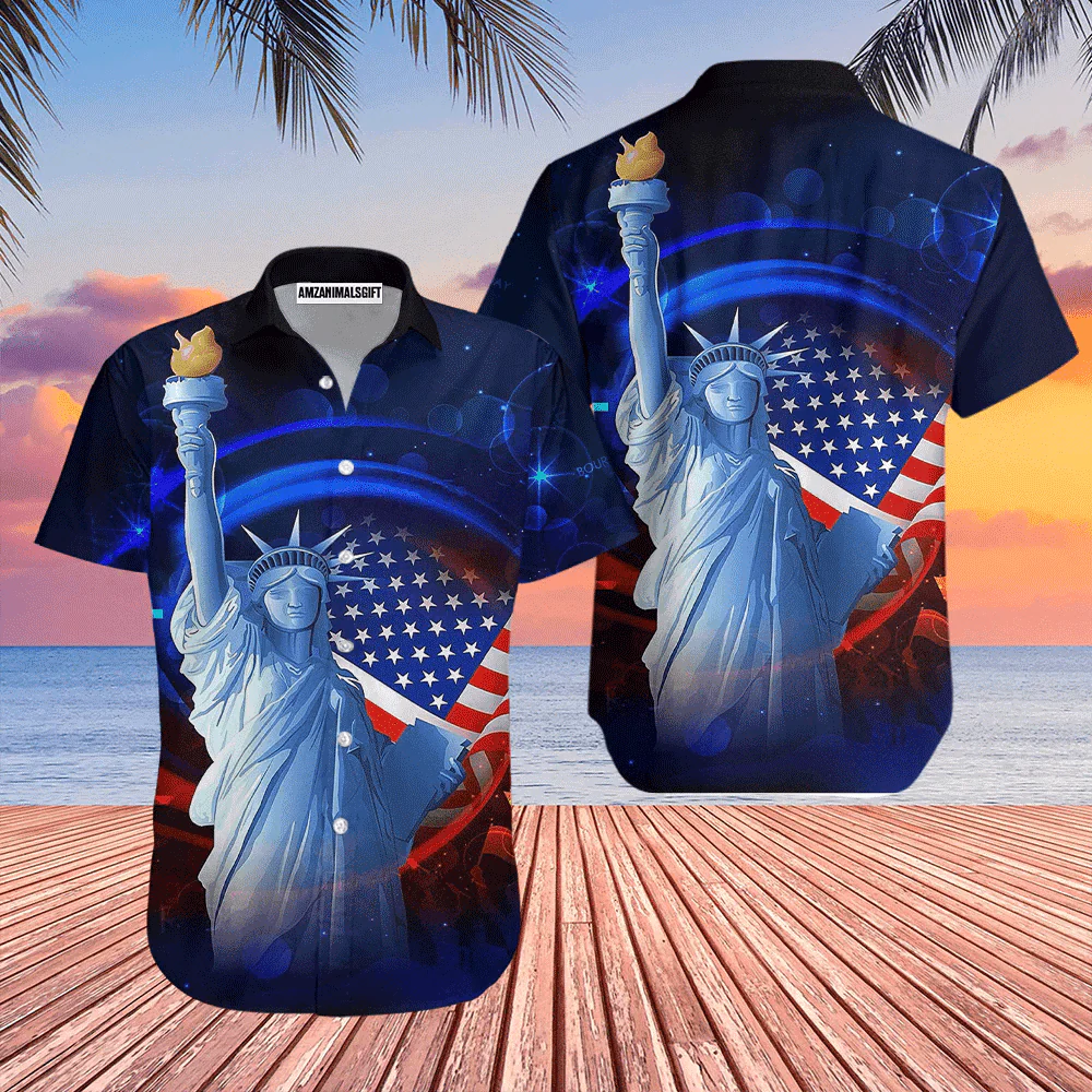 Statue Of Liberty 4th July Independence Day Blue And Red Aloha Hawaiian Shirts For Men Women, American Flag Hawaiian Shirt, Gift For Summer, Patriot - Image 2