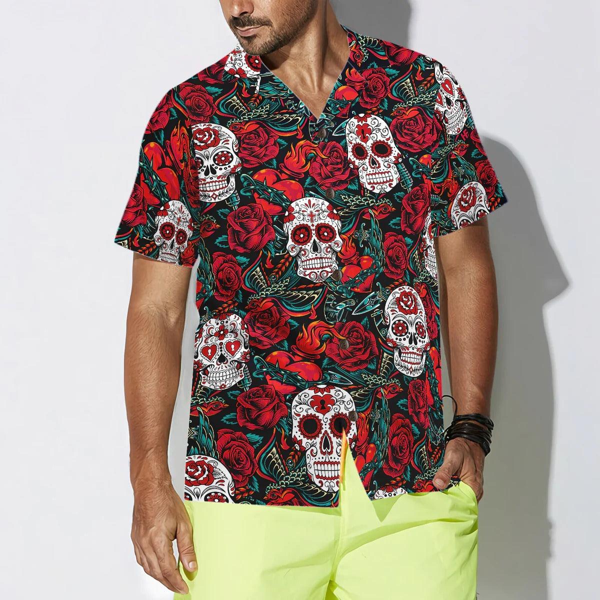Sugar Skulls And Roses Hawaiian Shirt, Skulls Hawaiian Shirt, Roses Pattern Aloha Shirt - Perfect Gift For Men, Women, Husband, Wife, Friend, Family - Image 4