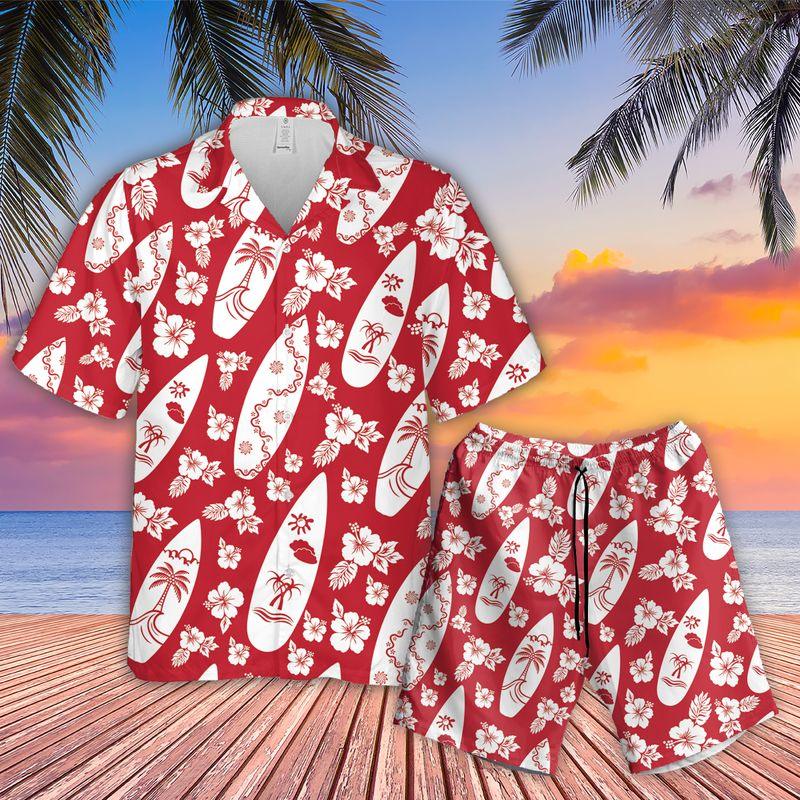 Surfing Hibiscus Flowers Aloha Hawaiian Shirts For Summer, Red Tropical Hawaiian Set Vacation Outfit For Men Women, Gift For Friend, Family
