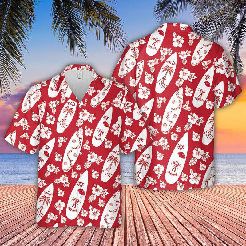 Surfing Hibiscus Flowers Aloha Hawaiian Shirts For Summer, Red Tropical Hawaiian Set Vacation Outfit For Men Women, Gift For Friend, Family - Image 2