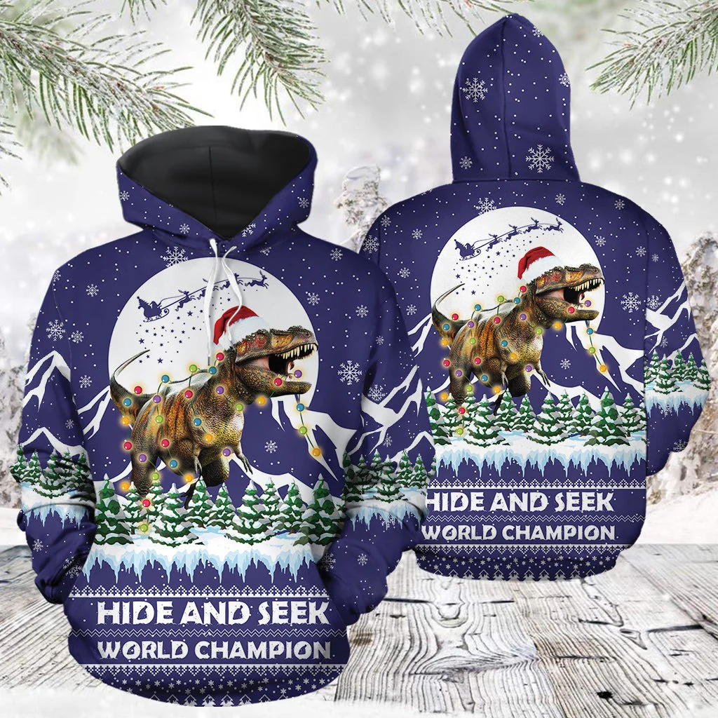 T-rex Hide And Seek Christmas Pullover Premium Hoodie, Perfect Outfit For Men And Women On Christmas New Year Autumn Winter