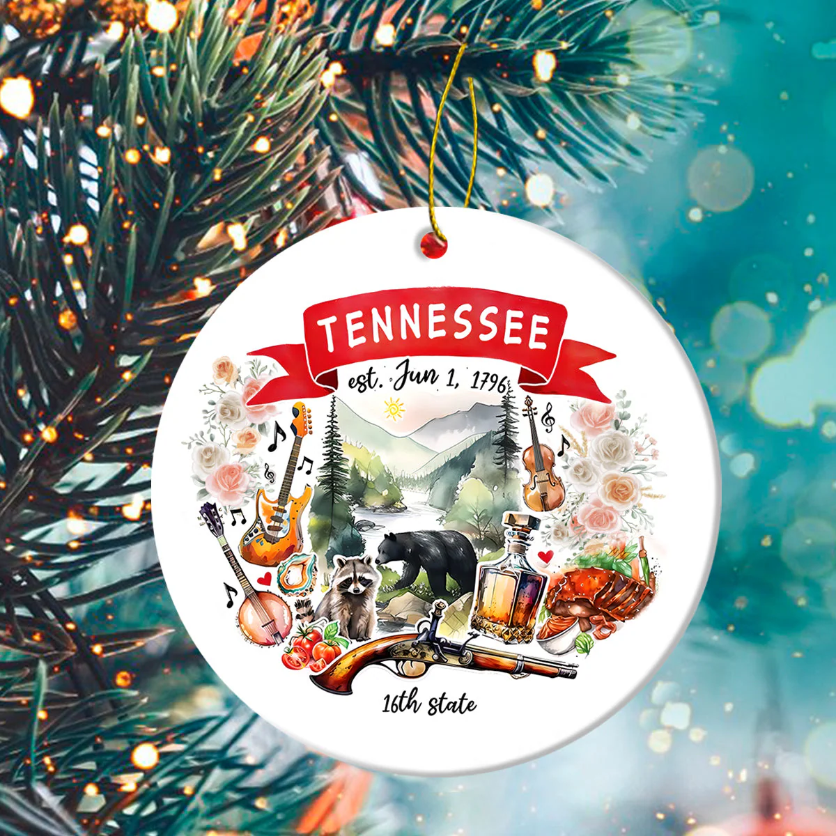 Tennessee State Ceramic Christmas Ornament - Tennessee State Themes And Landmarks Circle Ceramic Ornament, Perfect Gift For Christmas - Image 2