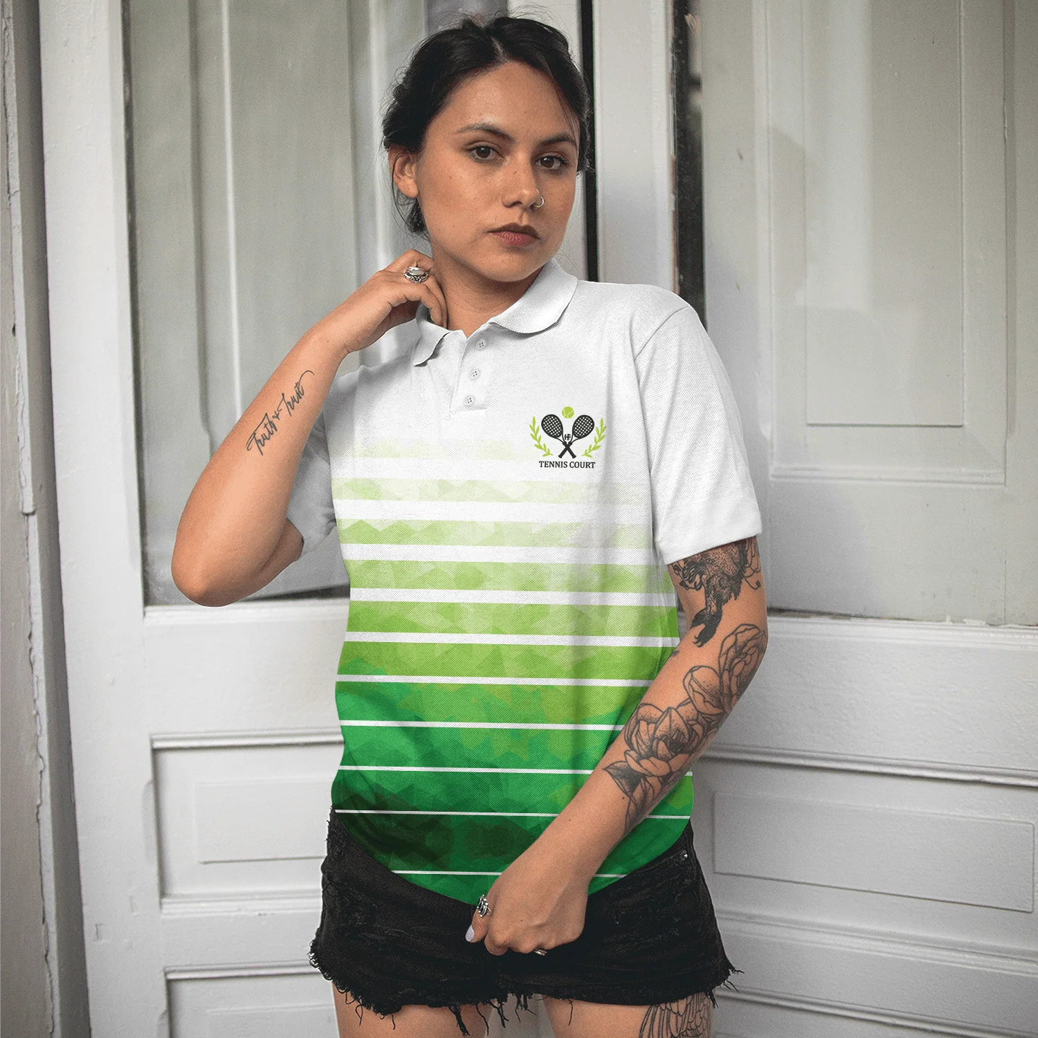 Tennis Women Polo Shirt, Abstract Green Geometric Tennis Women Polo Shirts, Best Gift For The Tennis Players And Tennis Lovers - Image 5