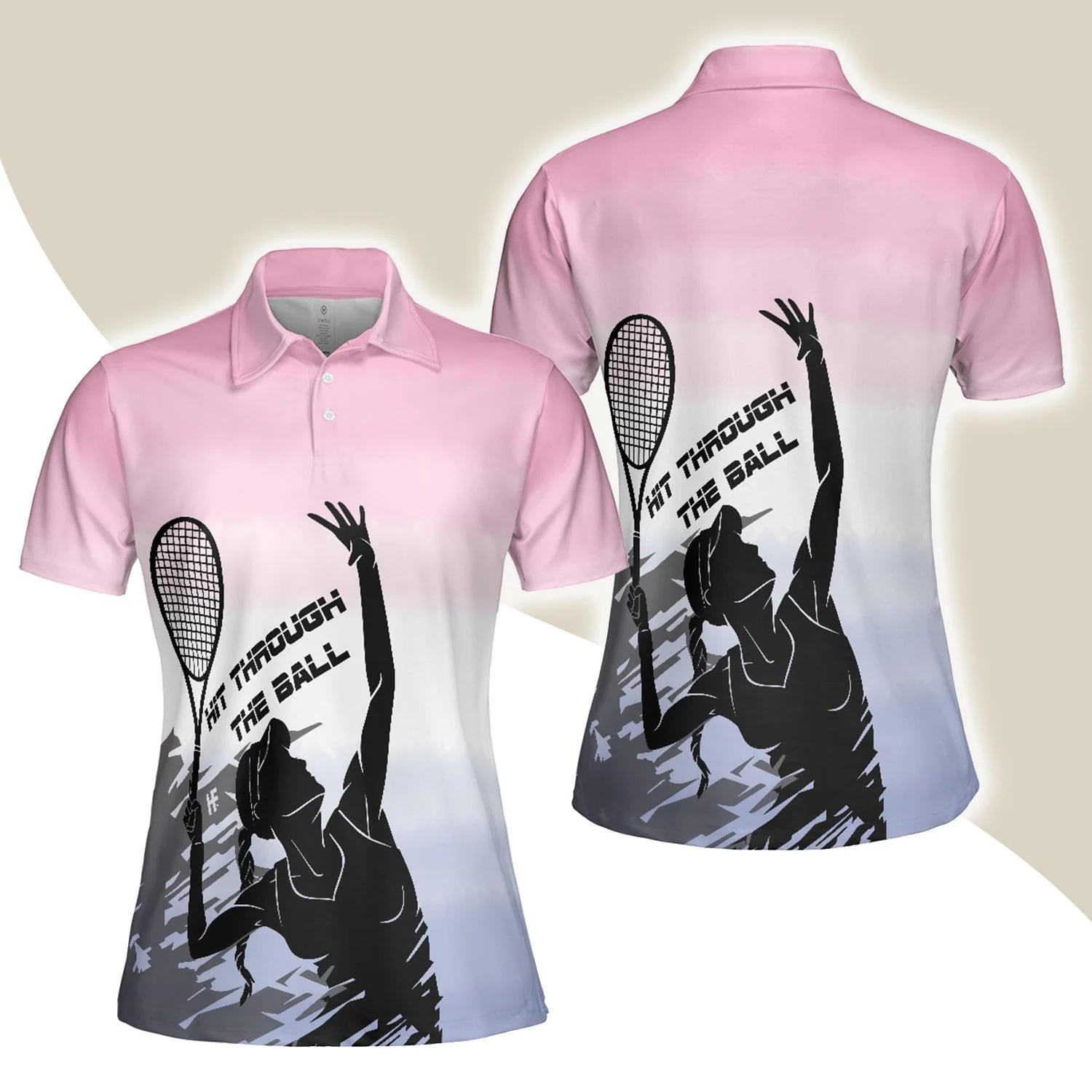 Tennis Women Polo Shirt, Black White Girl Plays Tennis, Hit Through The Tennis Ball Dip-dyed Pink Women Polo Shirts, Gift For Ladies, Tennis Lovers