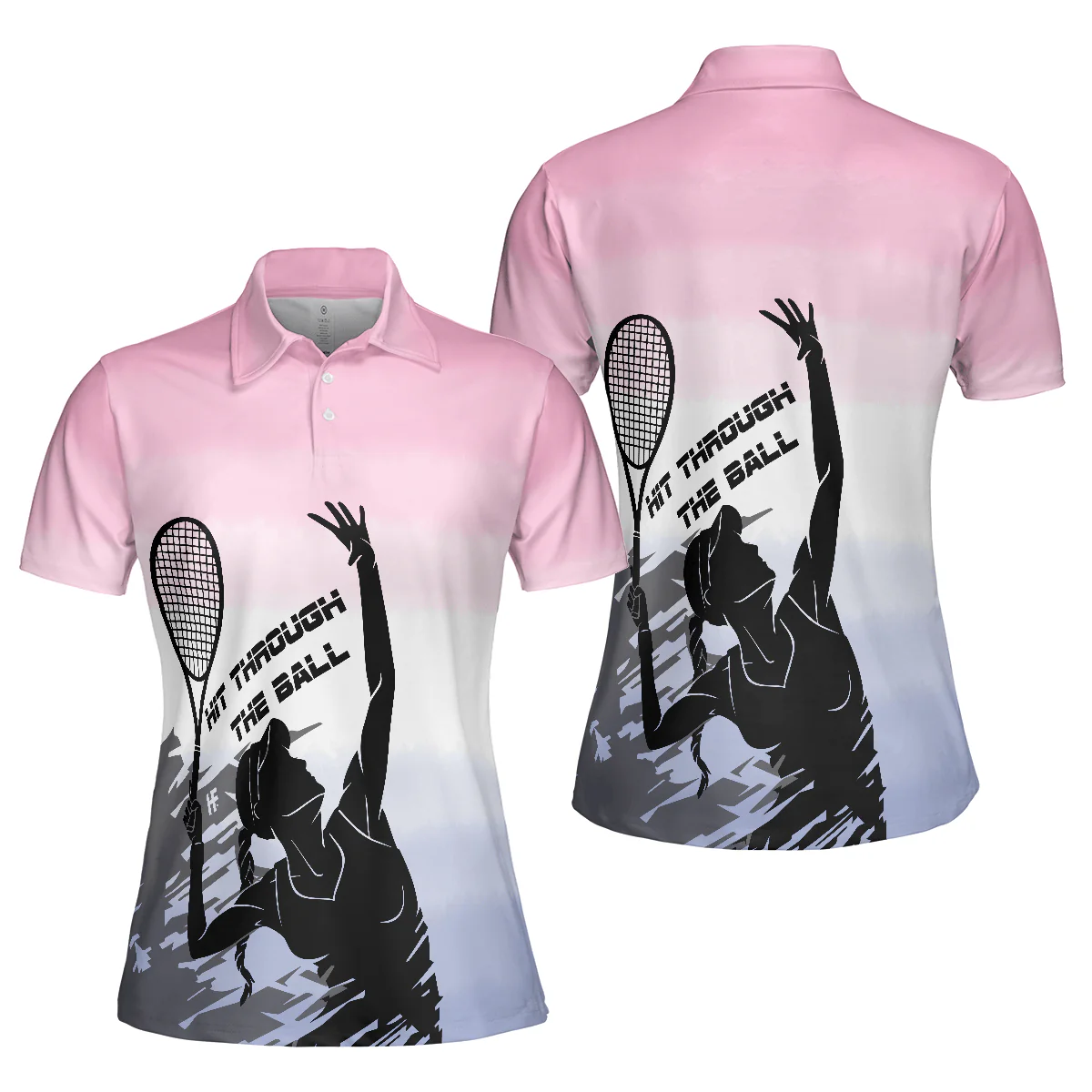 Tennis Women Polo Shirt, Black White Girl Plays Tennis, Hit Through The Tennis Ball Dip-dyed Pink Women Polo Shirts, Gift For Ladies, Tennis Lovers - Image 2