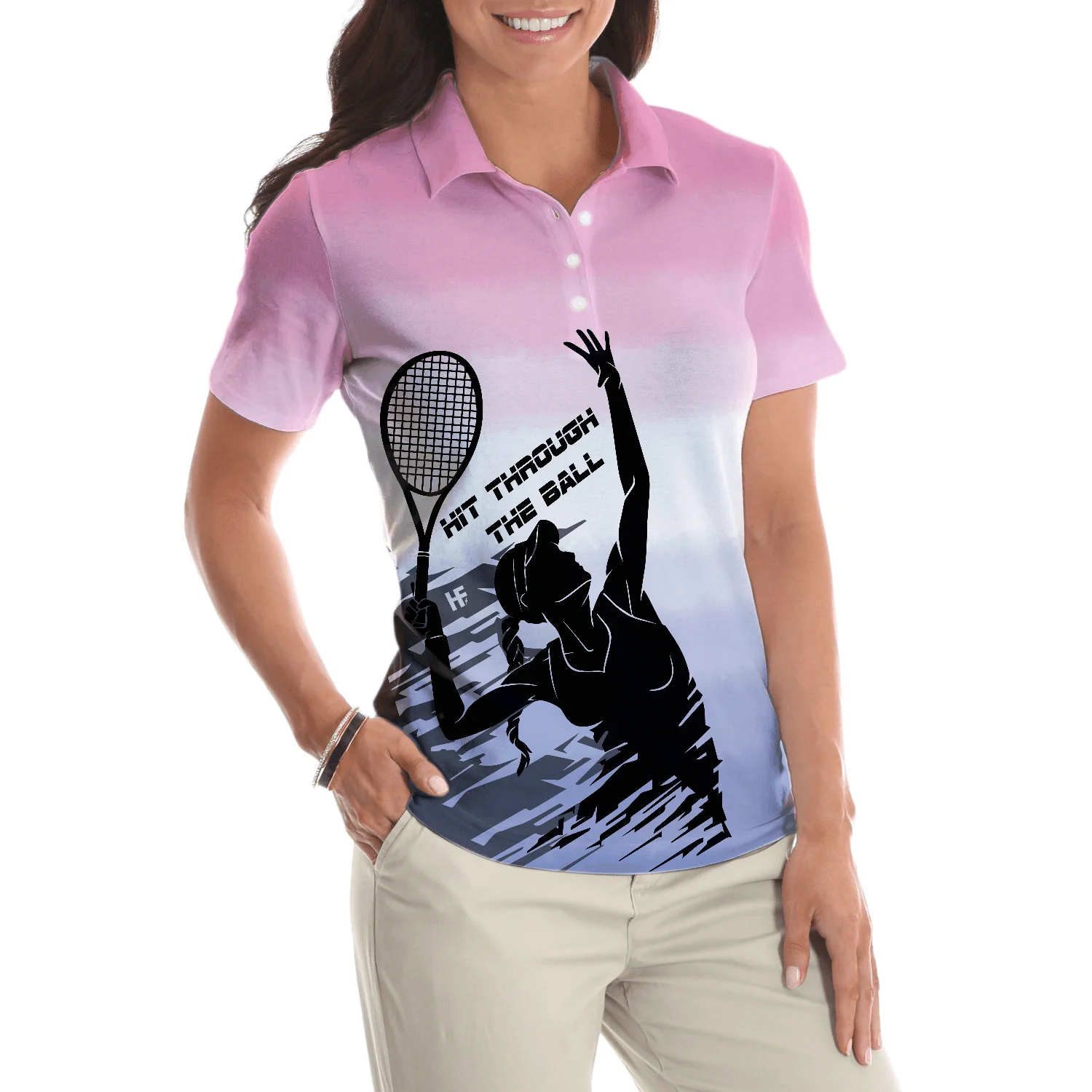 Tennis Women Polo Shirt, Black White Girl Plays Tennis, Hit Through The Tennis Ball Dip-dyed Pink Women Polo Shirts, Gift For Ladies, Tennis Lovers - Image 5