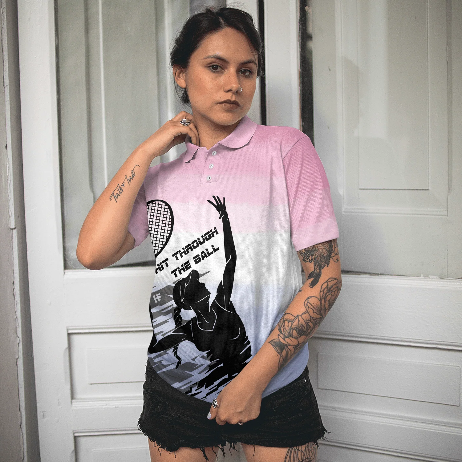 Tennis Women Polo Shirt, Black White Girl Plays Tennis, Hit Through The Tennis Ball Dip-dyed Pink Women Polo Shirts, Gift For Ladies, Tennis Lovers - Image 6
