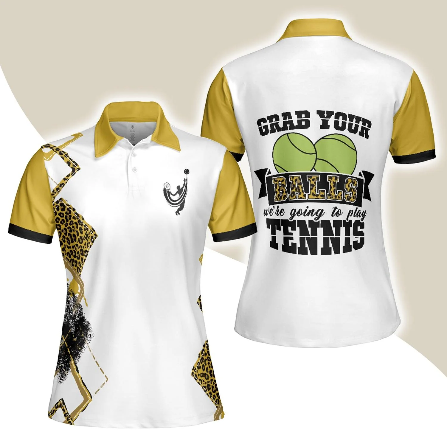 Tennis Women Polo Shirt, Grab Your Balls We're Going To Play Tennis, White And Yellow Tennis Women Polo Shirts, Unique Gift For Ladies, Tennis Lovers