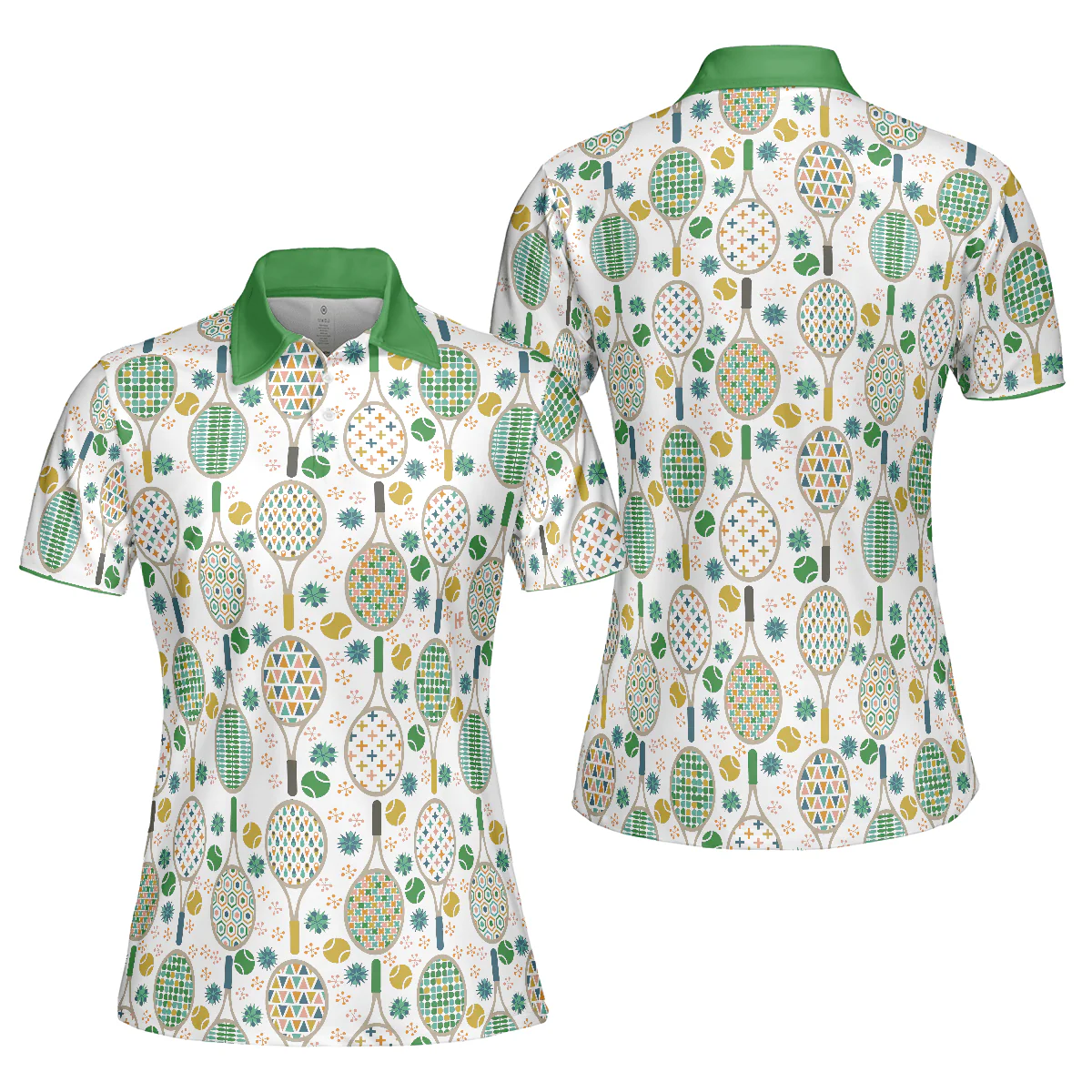 Tennis Women Polo Shirt, Green And Golden Tennis Pattern Women Polo Shirts, Unique Gift For Female Tennis Players, Ladies, Tennis Lovers - Image 2
