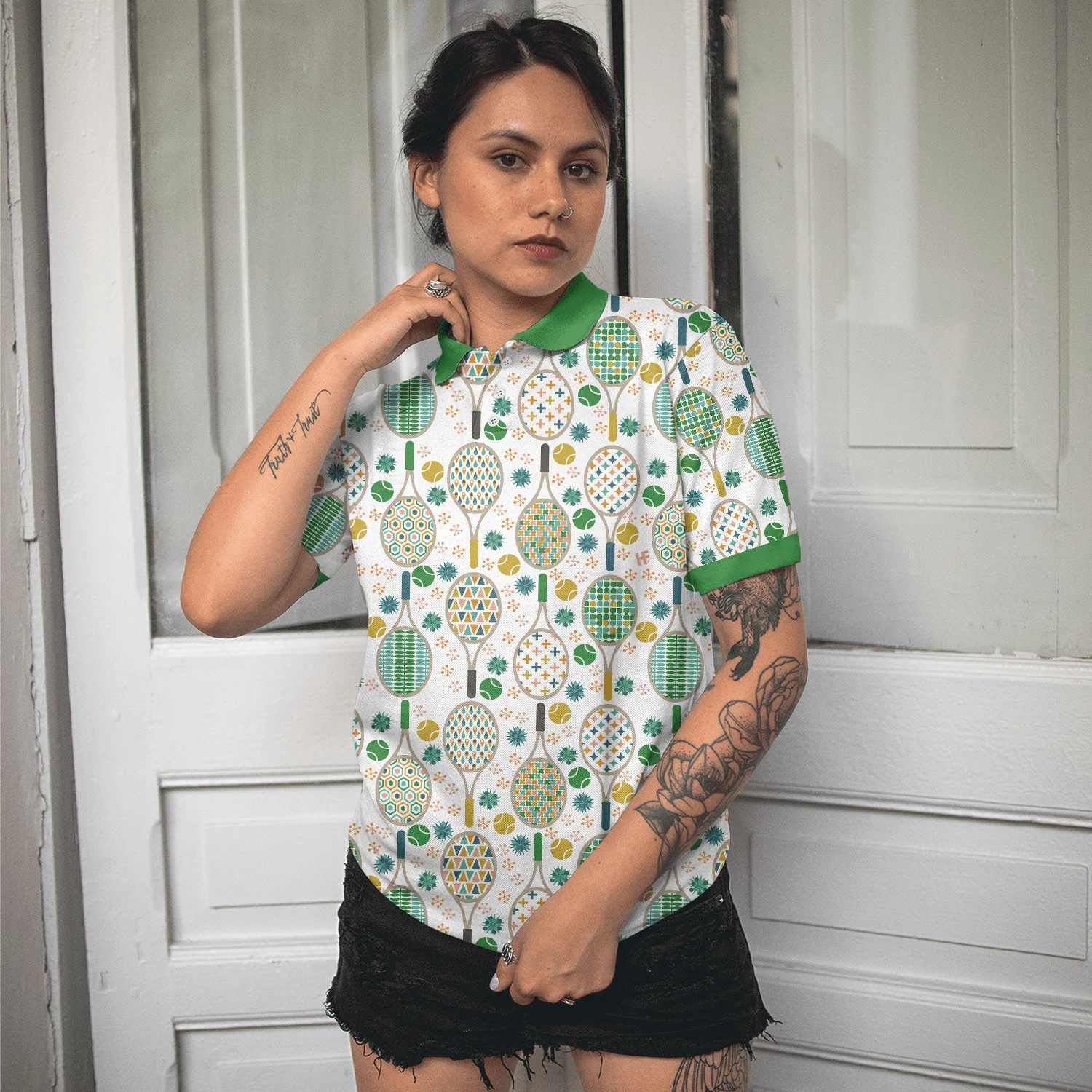 Tennis Women Polo Shirt, Green And Golden Tennis Pattern Women Polo Shirts, Unique Gift For Female Tennis Players, Ladies, Tennis Lovers - Image 5