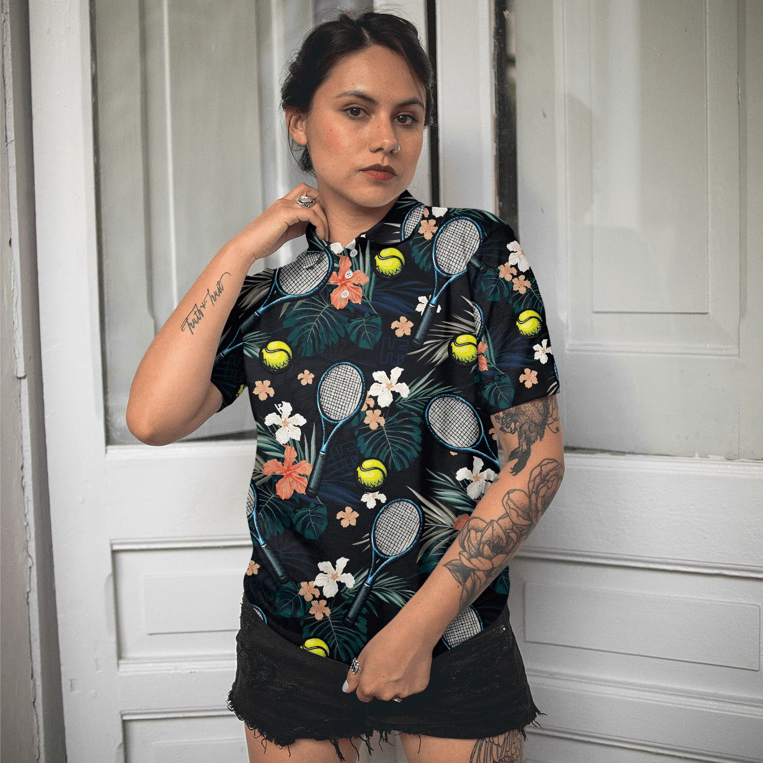 Tennis Women Polo Shirt - Tropical Floral Tennis Women Polo Shirt - Perfect Gift For Women, Tennis Lover - Image 6