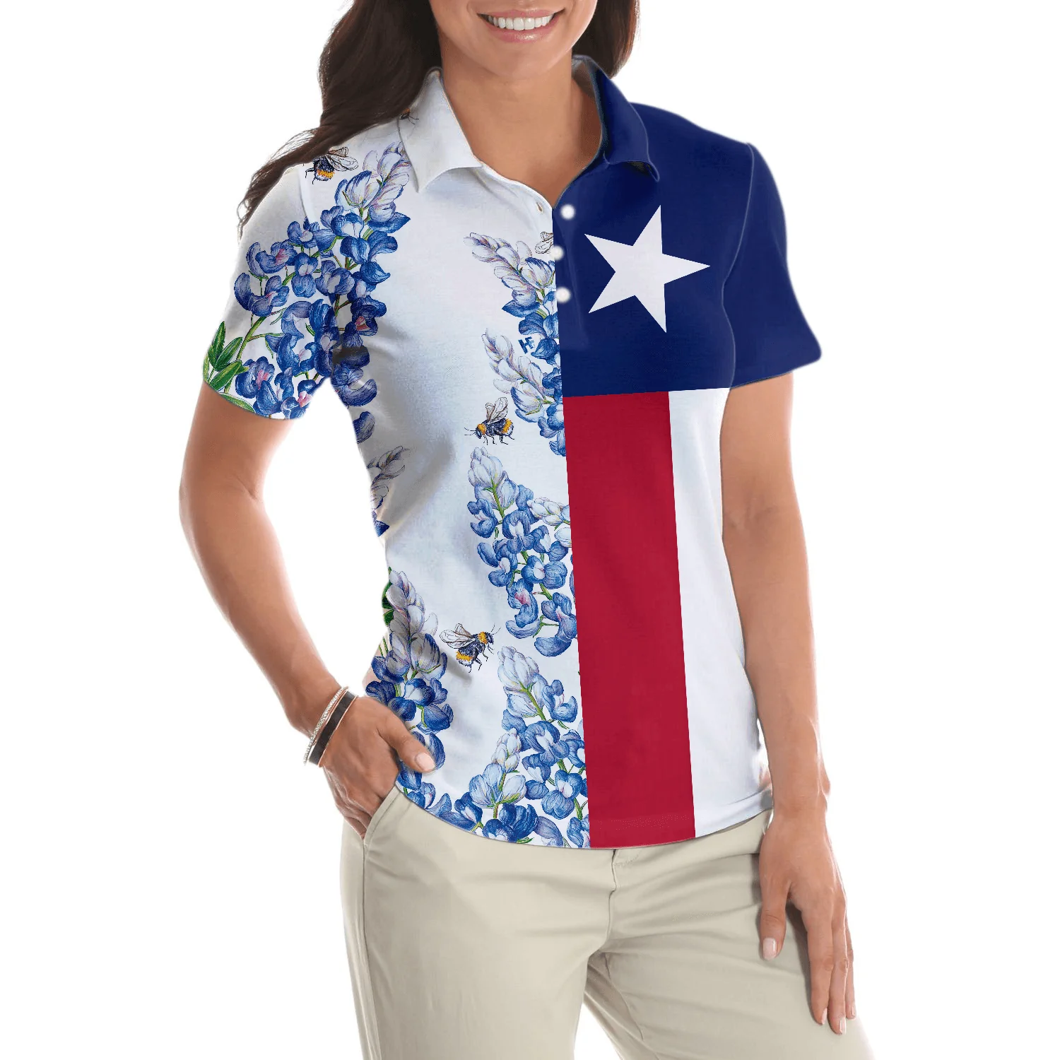 Texas Flag Women Polo Shirt, Texas Proud Bee Bluebonnet Women Polo Shirts, Perfect Gift For Female, Ladies, Girls - Image 5