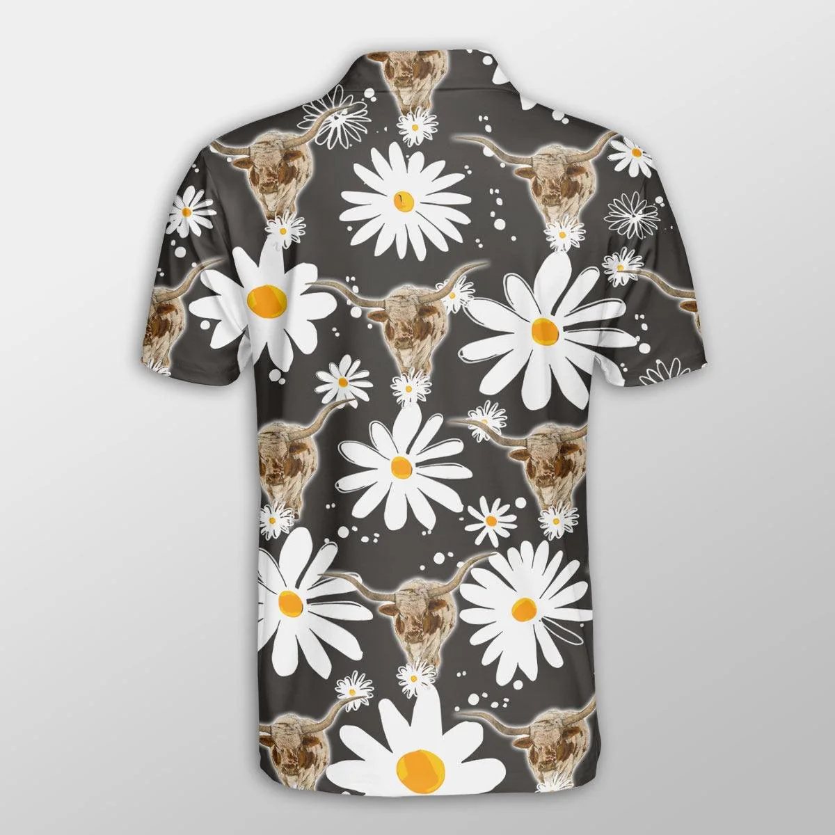 Texas Longhorn Men Polo Shirts - Texas Longhorn Daisy Flower Pattern Shirts For Men - Perfect Gift For Texas Longhorn Lovers, Cattle Lovers - Image 3