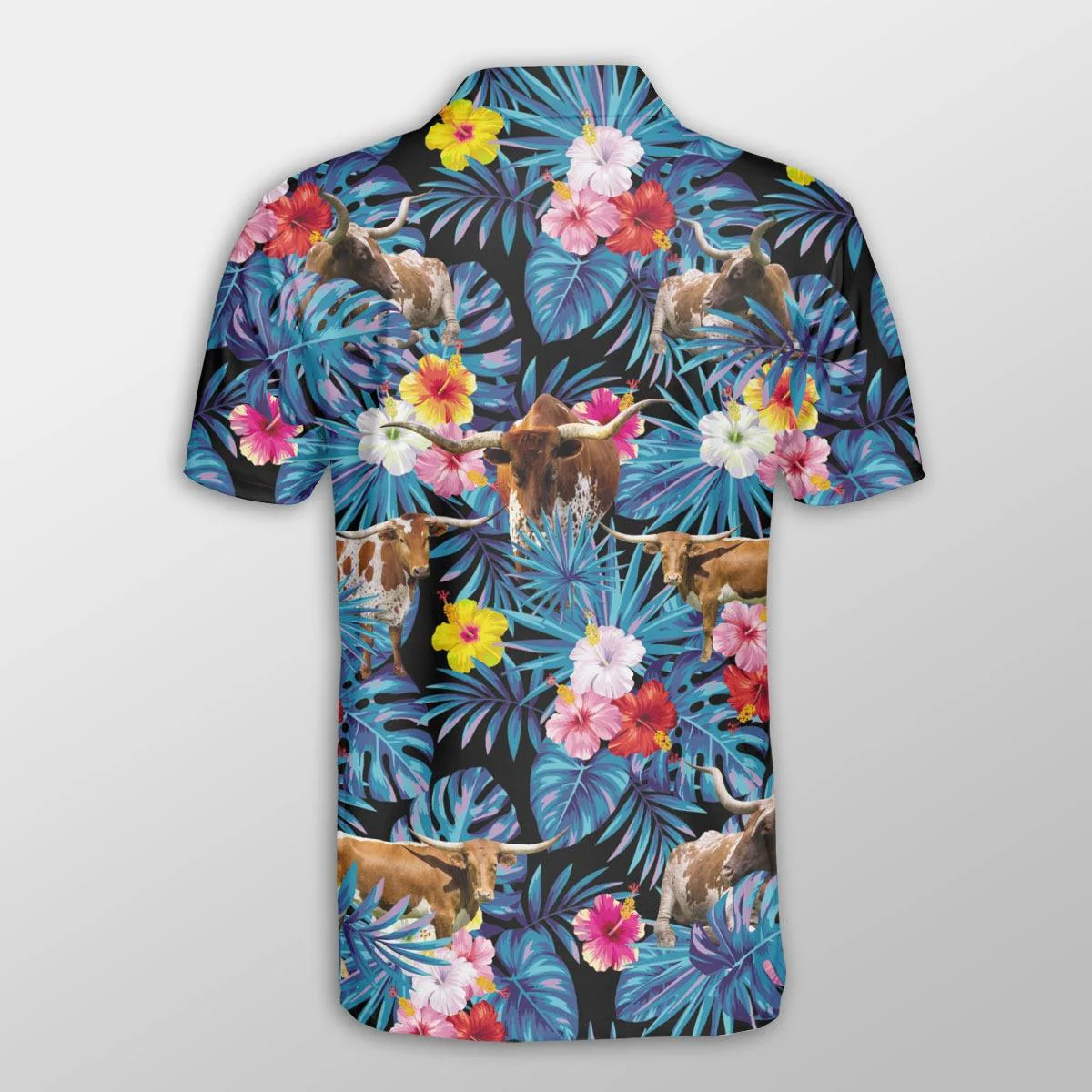 Texas Longhorn Men Polo Shirts - Texas Longhorn Tropical Flowers Leaves Pattern Shirts For Men - Perfect Gift For Texas Longhorn Lovers, Cattle Lovers - Image 3