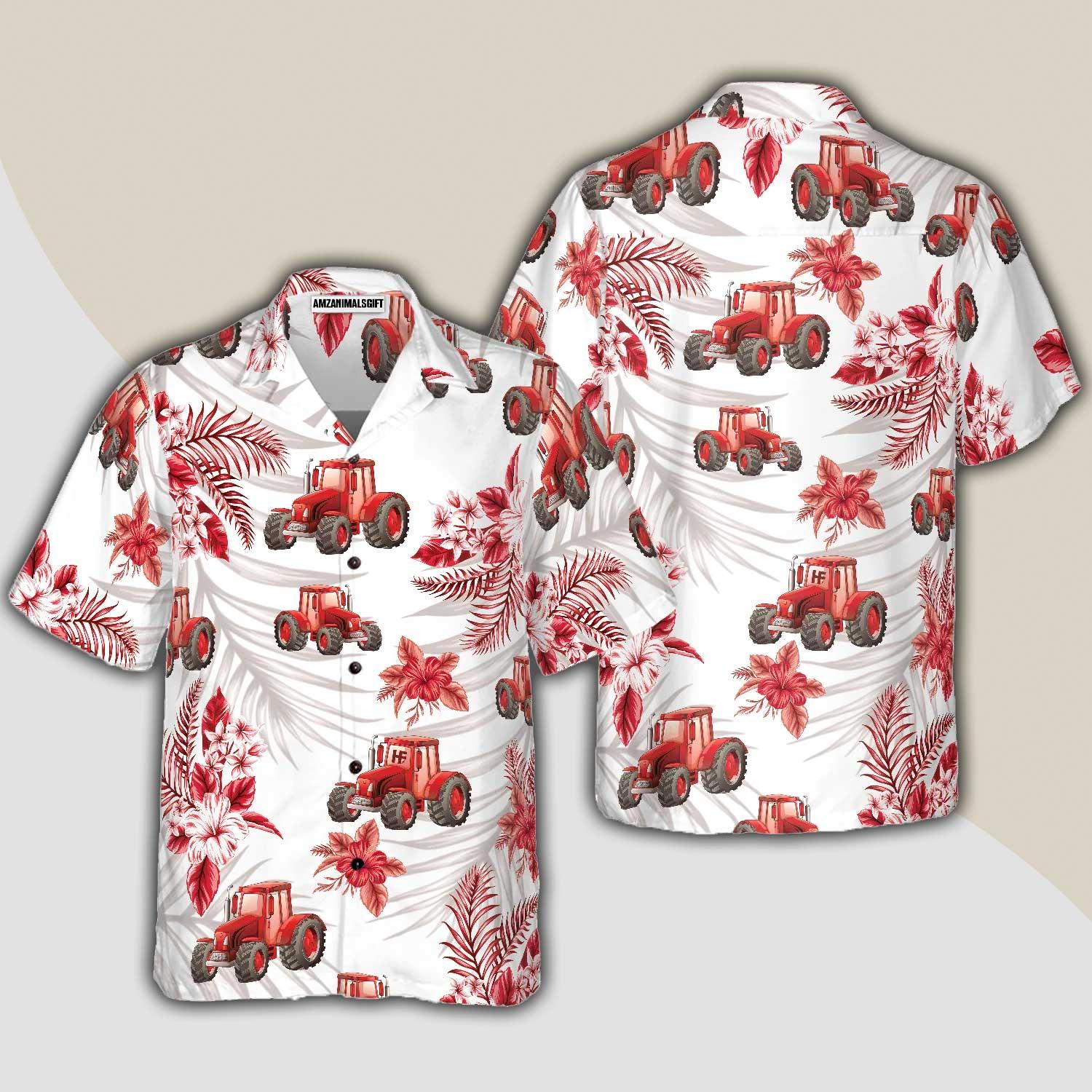 Tractor Hawaiian Shirt, Tropical Red Tractor Aloha Shirt For Men And Women - Perfect Gift For Husband, Wife, Boyfriend, Friend, Family