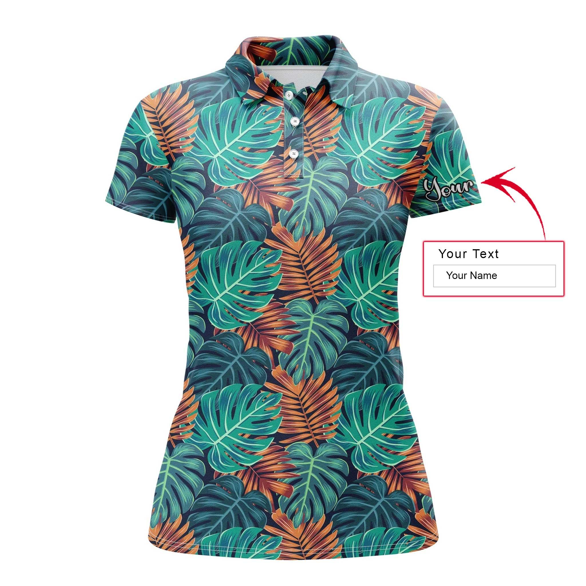 Tropical Custom Name Women Polo Shirt, Monstera Palm Leaves Nature Tropical Pattern Personalized Women Polo Shirts, Gift For Ladies, Women