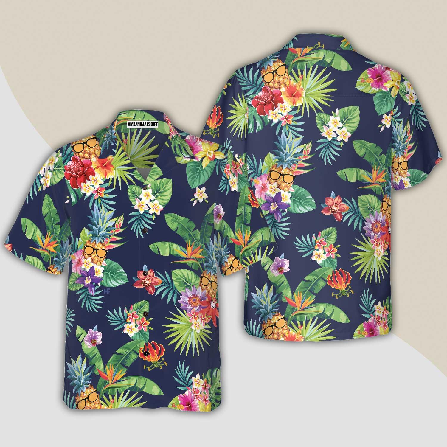 Tropical Pineapples & Palm Leaves Hawaiian Shirt, Colorful Summer Aloha Shirt For Men Women, Gift For Friend, Team, Family