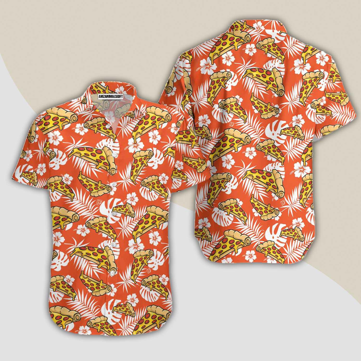Tropical Pizza Pattern Orange Hawaiian Shirt, Colorful Summer Aloha Shirt For Men Women, Perfect Gift For Friend, Team, Pizza Lovers