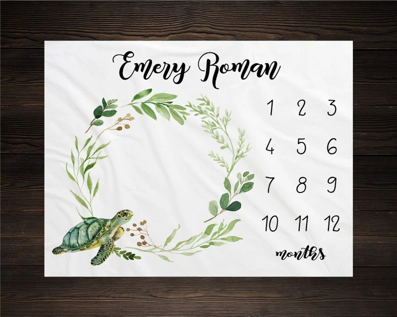 Turtle Growth Tracker Baby Kids Milestone Blanket With Customized Name For Baby Girl Boy Nursery, Daughter, Granddaughter, Son, Grandson, Month Gifts