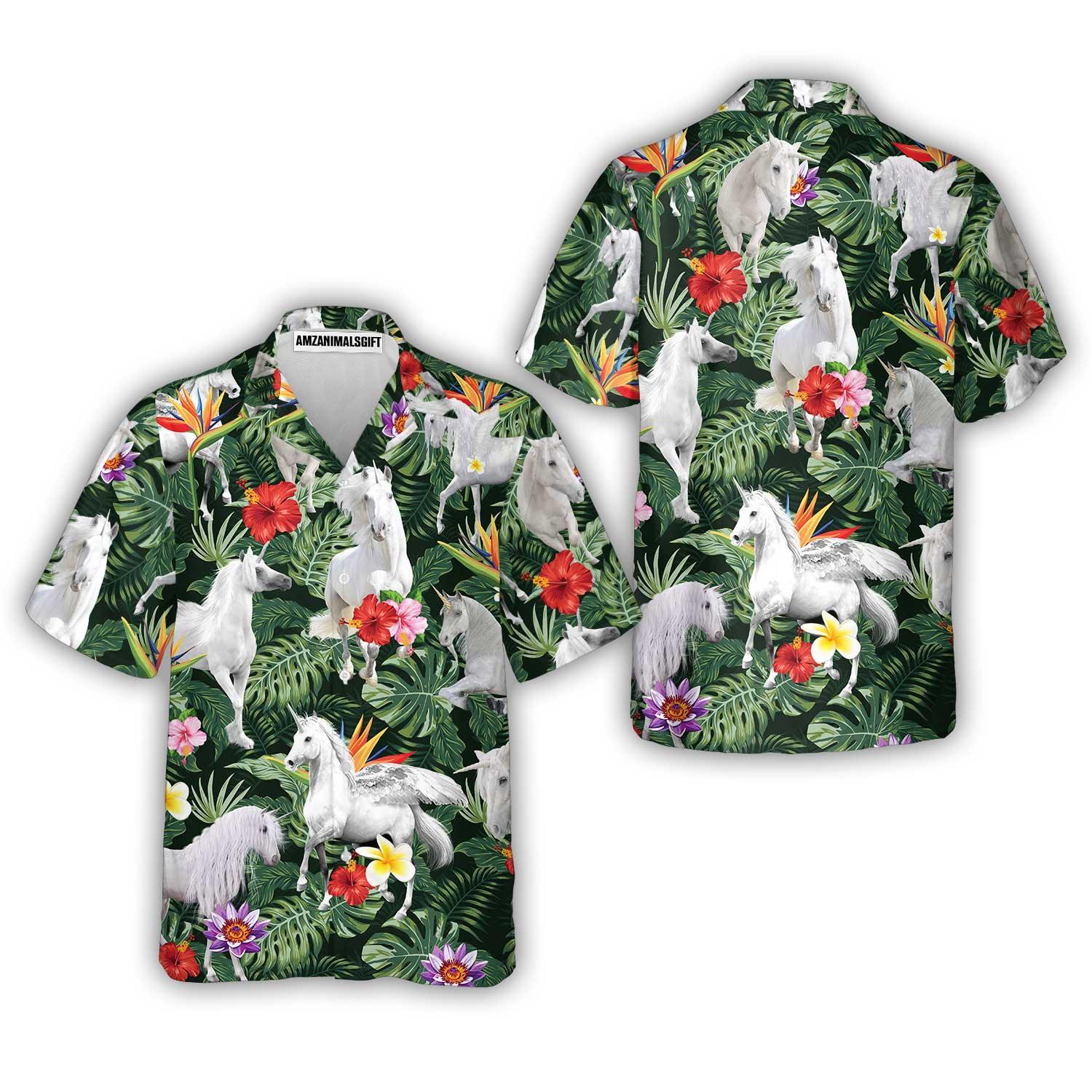 Unicorn Aloha Hawaiian Shirt - Unicorn Tropical Hibiscus Hawaiian Shirt, Tropical Leaf Hawaiian Shirt For Men & Women, Unicorn Lover