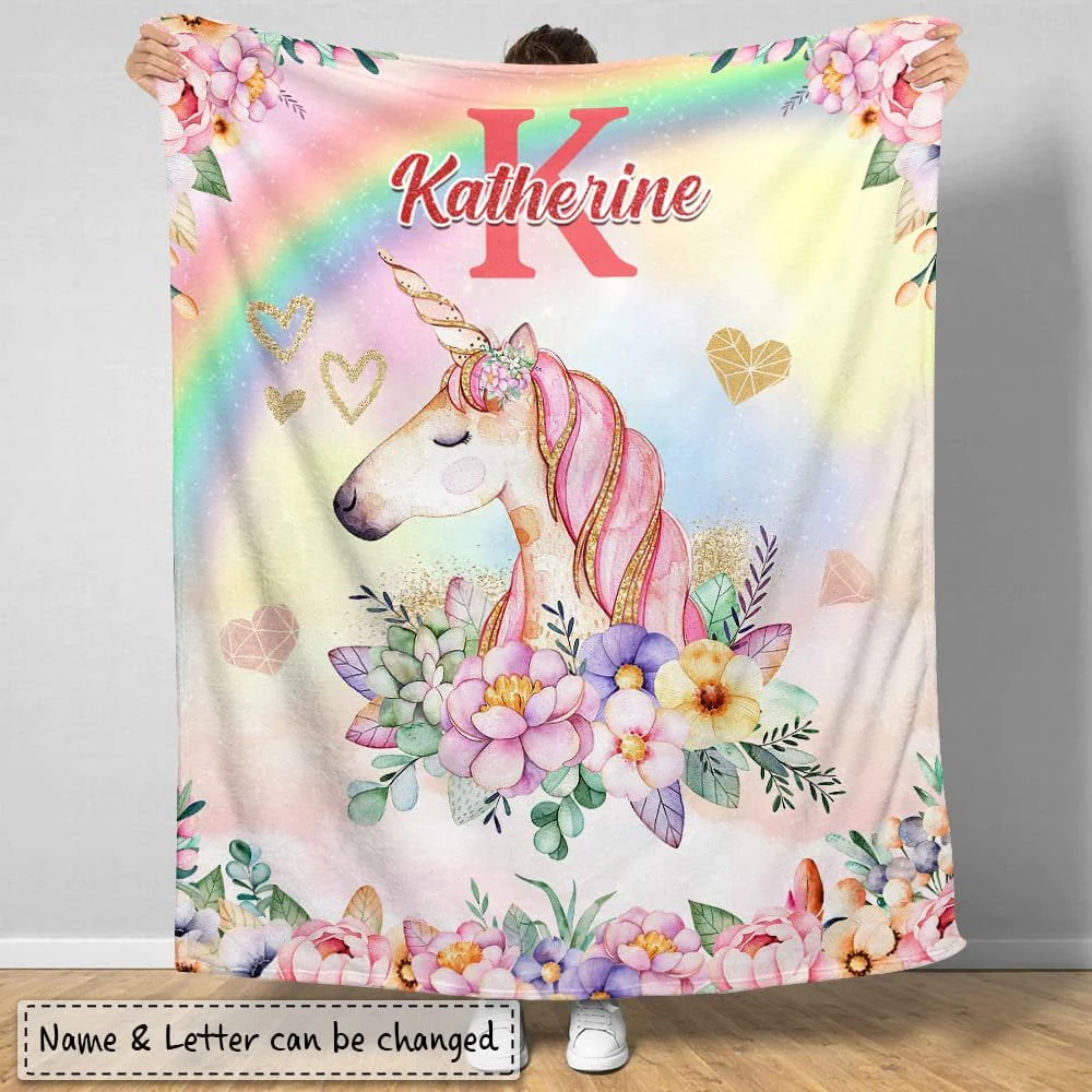 Unicorn Flowers Monogram Baby Kids Blanket With Custom Name For Baby Girl Nursery, Daughter, Granddaughter - Image 2