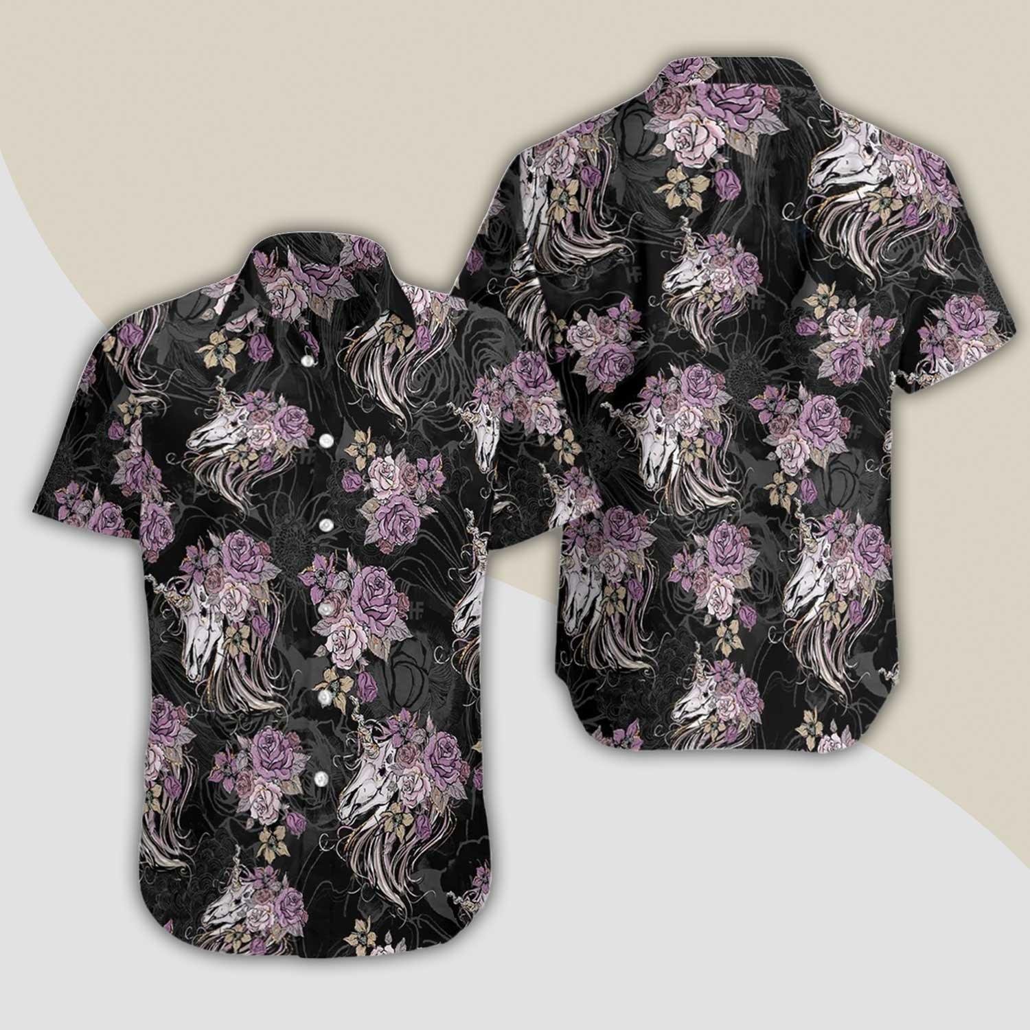 Unicorn Skull Flowers Hawaiian Shirt, Unicorn Skull Aloha Shirt, Flowers Hawaiian Shirt - Perfect Gift For Men Women, Friends, Family