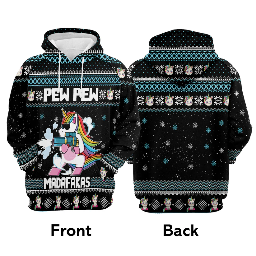 Unicorn Xmas Premium Christmas Hoodie, Unicorn Pew Pew Madafakas Funny Unisex Hoodie For Men & Women - Perfect Gift For Christmas, Unicorn Lovers - Image 4