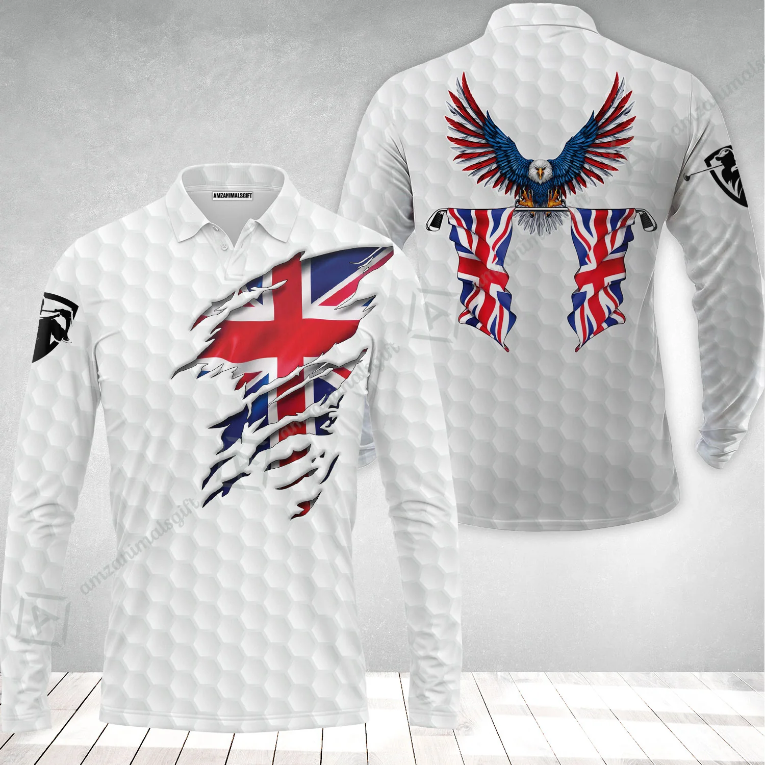 United Kingdom Eagle Flag Long Polo Shirt, Golf Pattern Ripped Great Britain Jack Shirt, UK Golf Long Polo Shirt - Image 2
