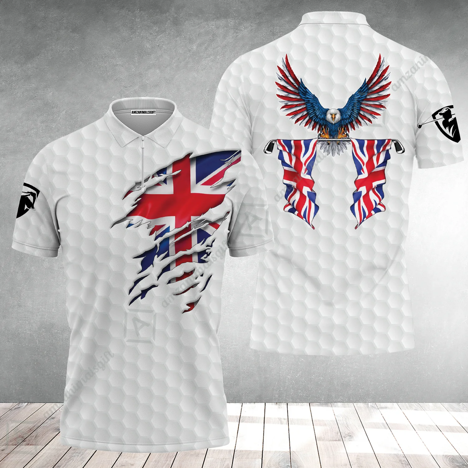 United Kingdom Eagle Flag Zip Polo Shirt, Golf Pattern Ripped Great Britain Jack Shirt, UK Golf Zip Polo Shirt - Image 2